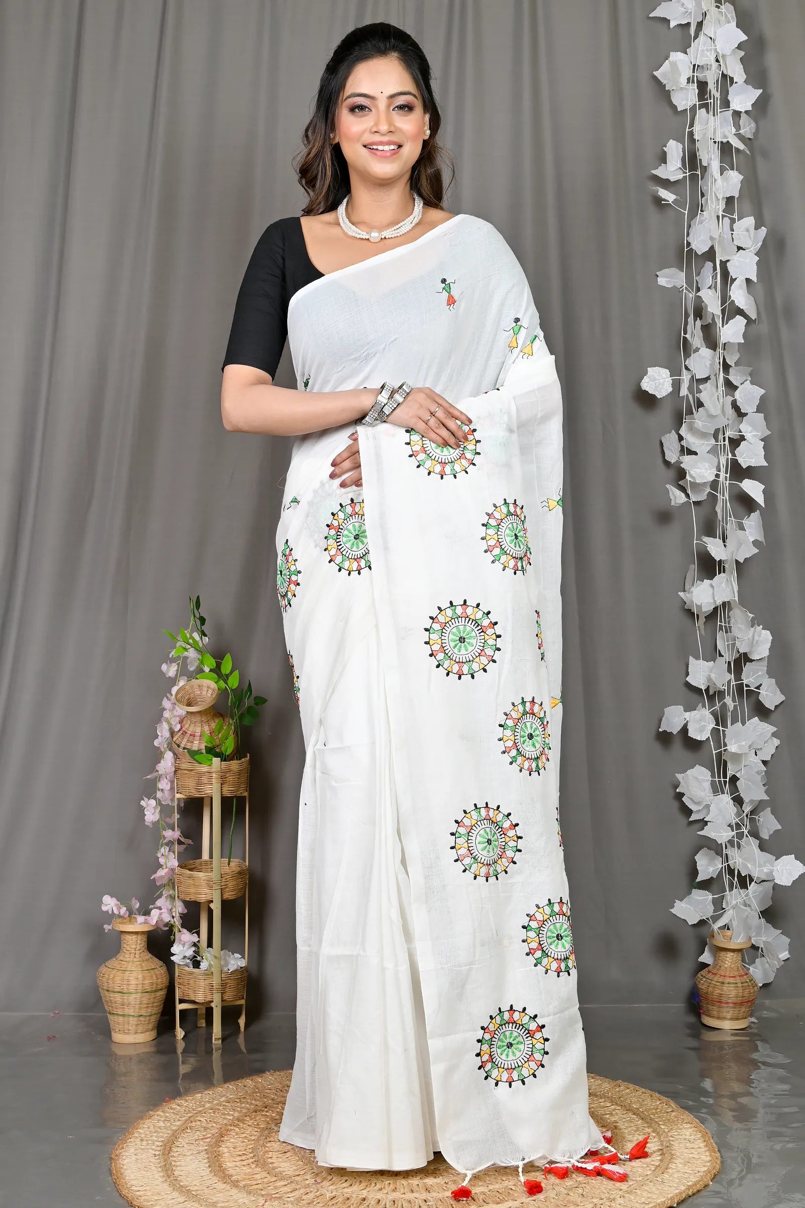 DipDiya Pure Cotton White Parama Threads of Tradition Embroidery Handloom sarees