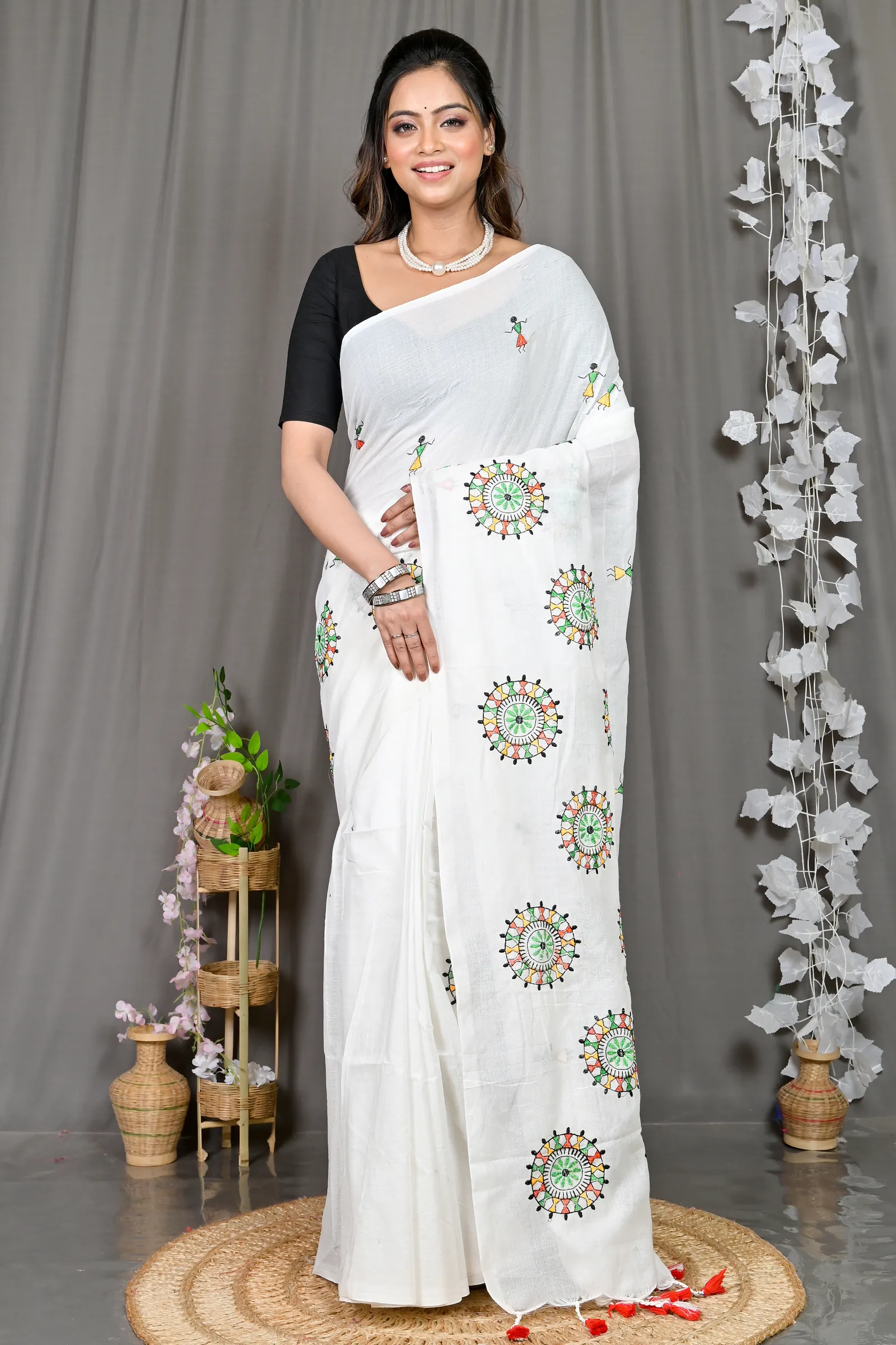 DipDiya Pure Cotton White Parama Threads of Tradition Embroidery Handloom sarees