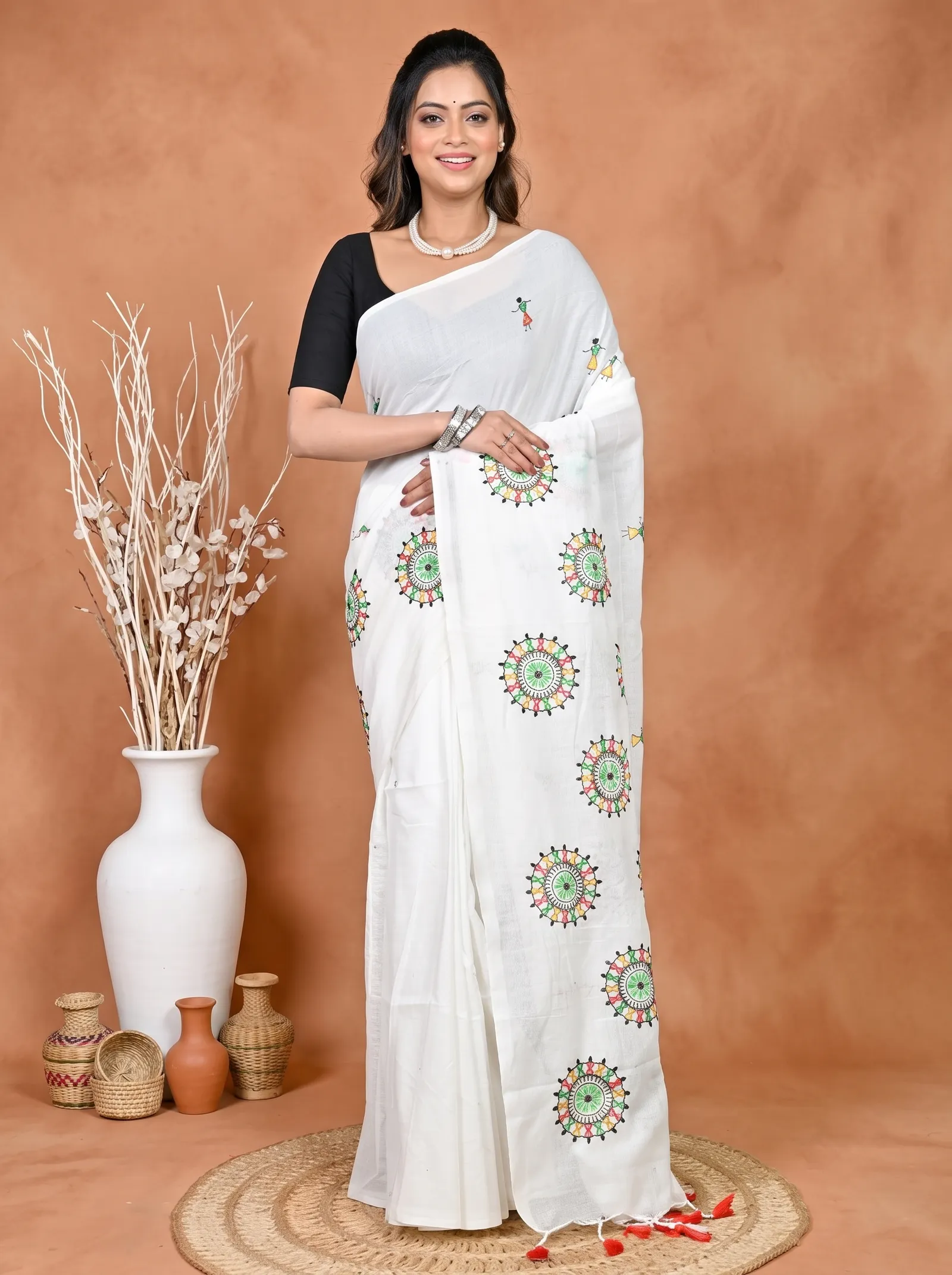 DipDiya Pure Cotton White Parama Threads of Tradition Embroidery Handloom sarees