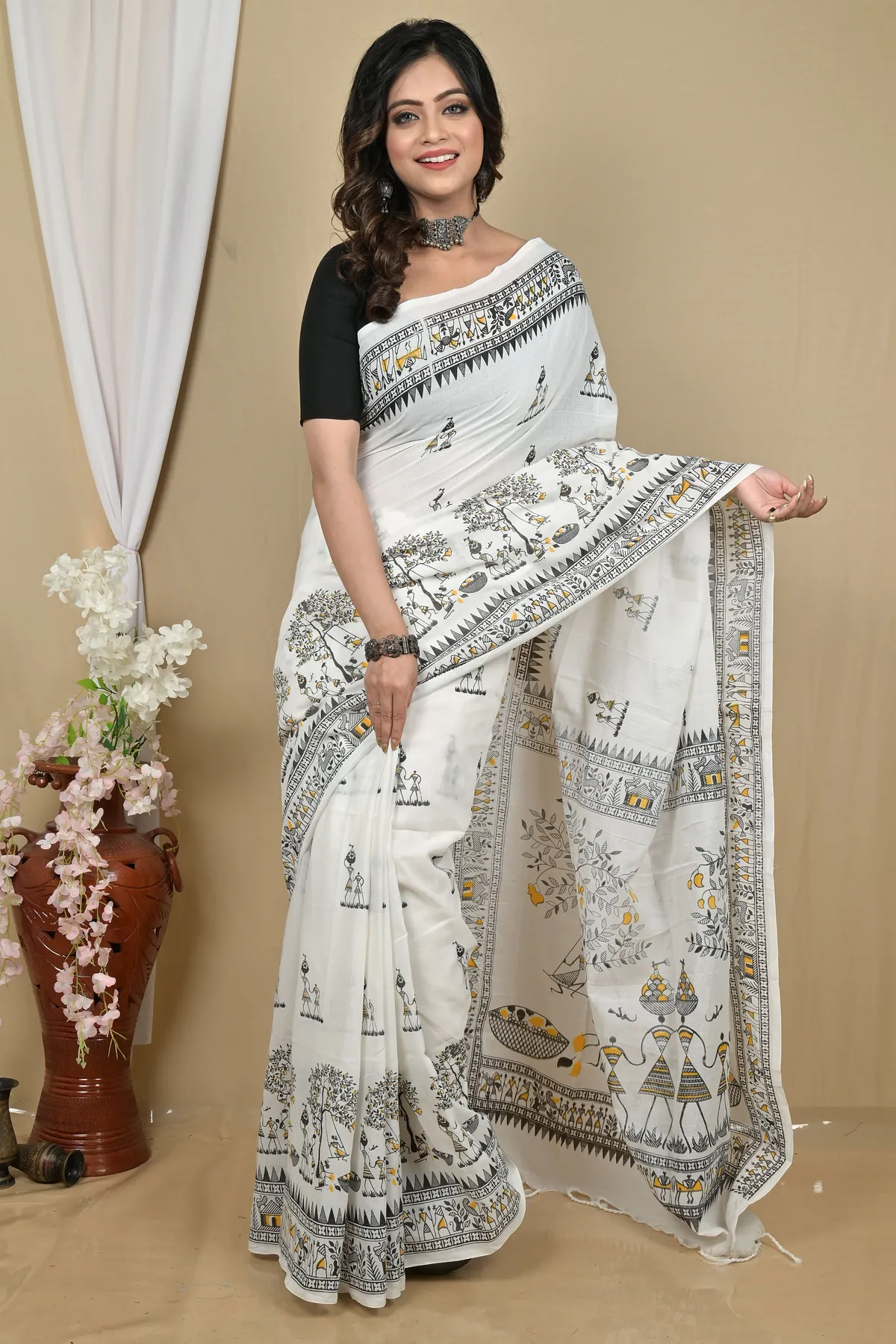DipDiya Pure Cotton White Pinal Heritage Elegance Printed Handloom Sarees
