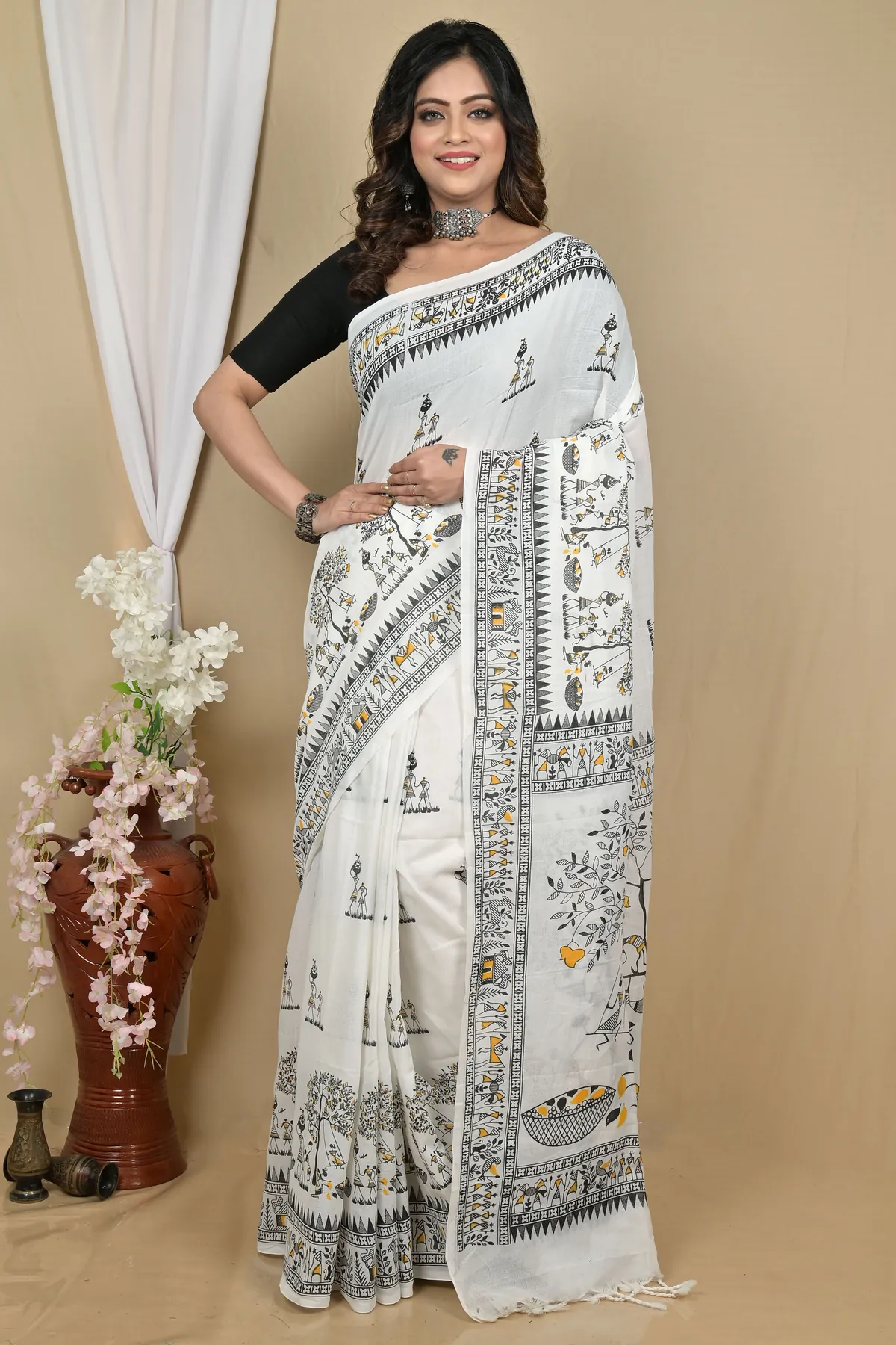 DipDiya Pure Cotton White Pinal Heritage Elegance Printed Handloom Sarees