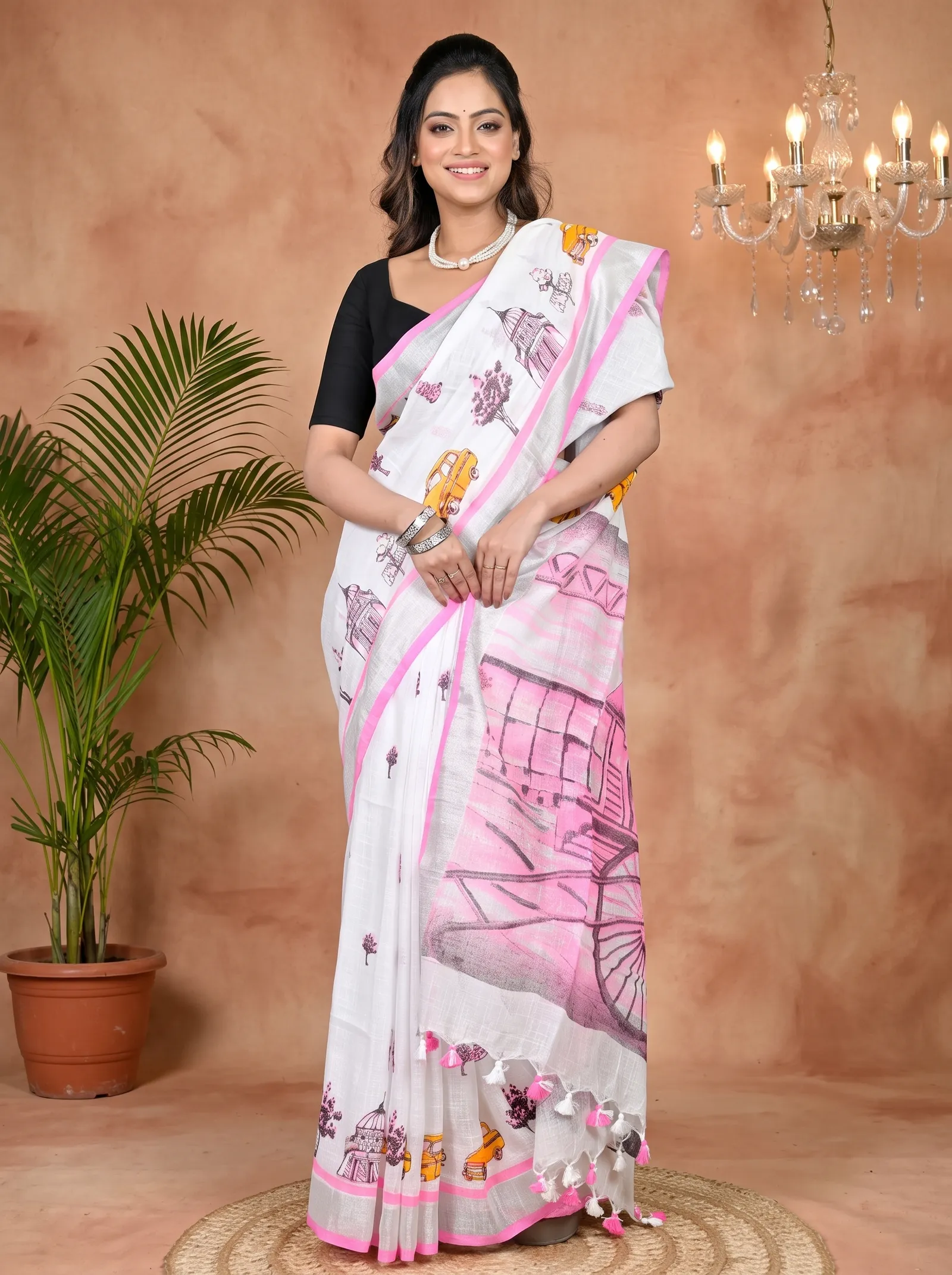 DipDiya Pure Cotton White Pink Soher Heritage Elegance Printed Handloom Sarees