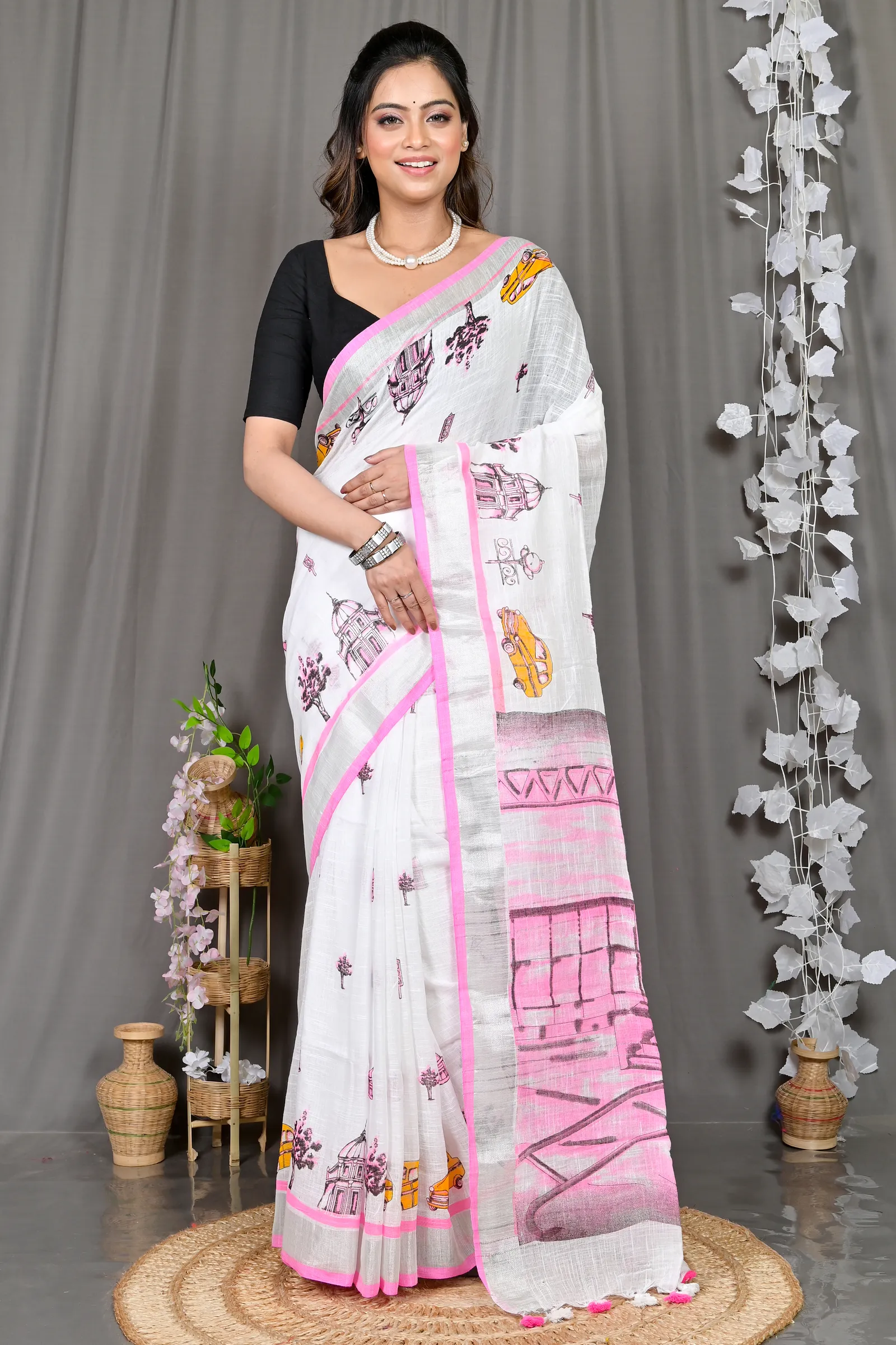 DipDiya Pure Cotton White Pink Soher Heritage Elegance Printed Handloom Sarees