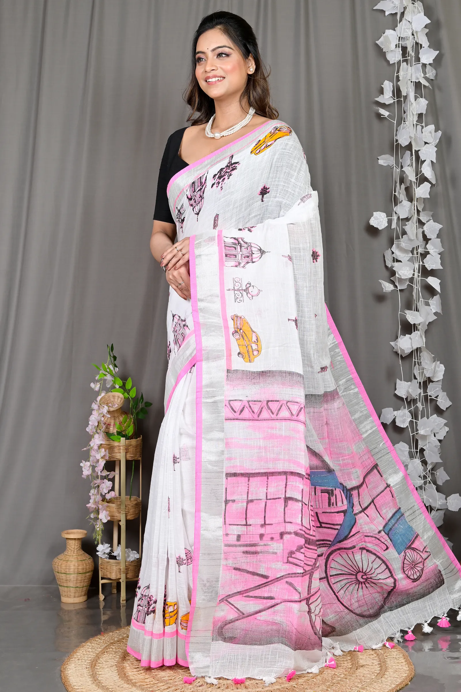 DipDiya Pure Cotton White Pink Soher Heritage Elegance Printed Handloom Sarees
