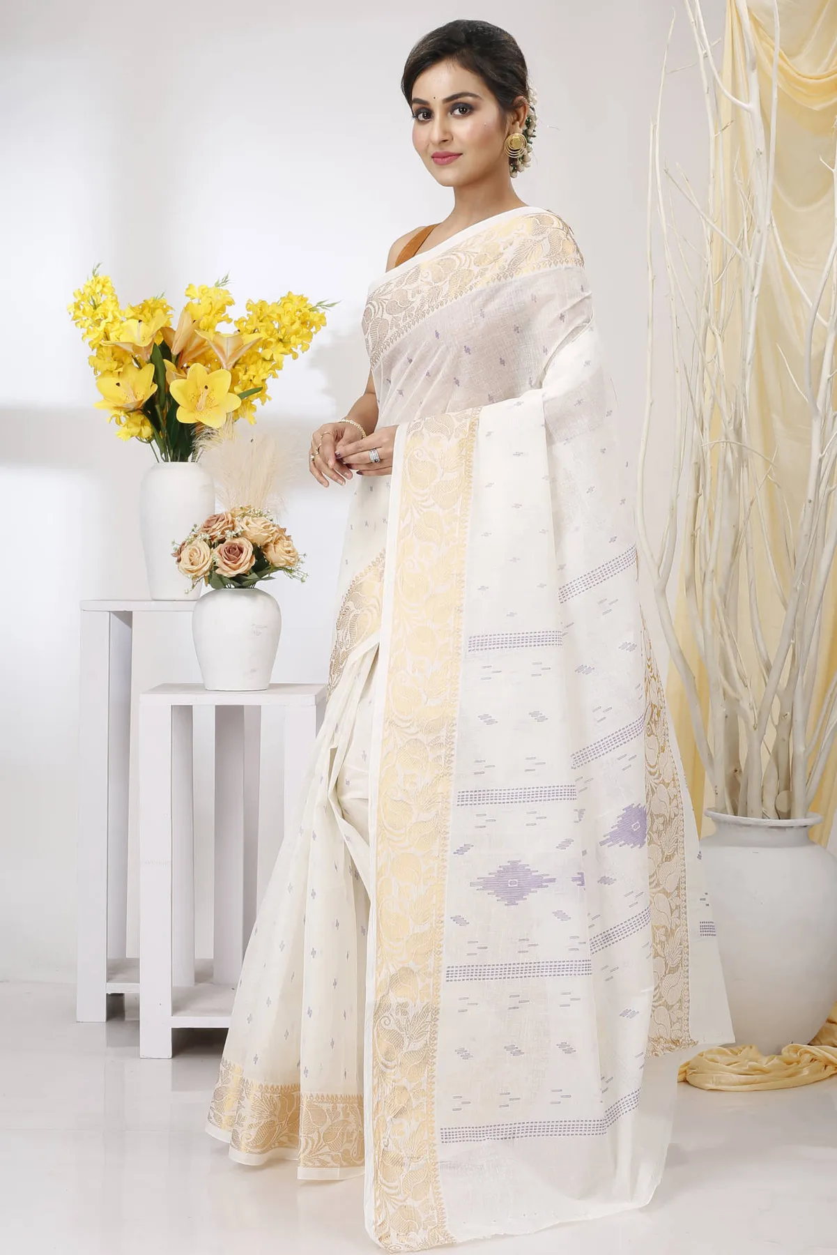 DipDiya Pure Cotton White Purpel Levi Classic Bengali Printed Tant Sarees