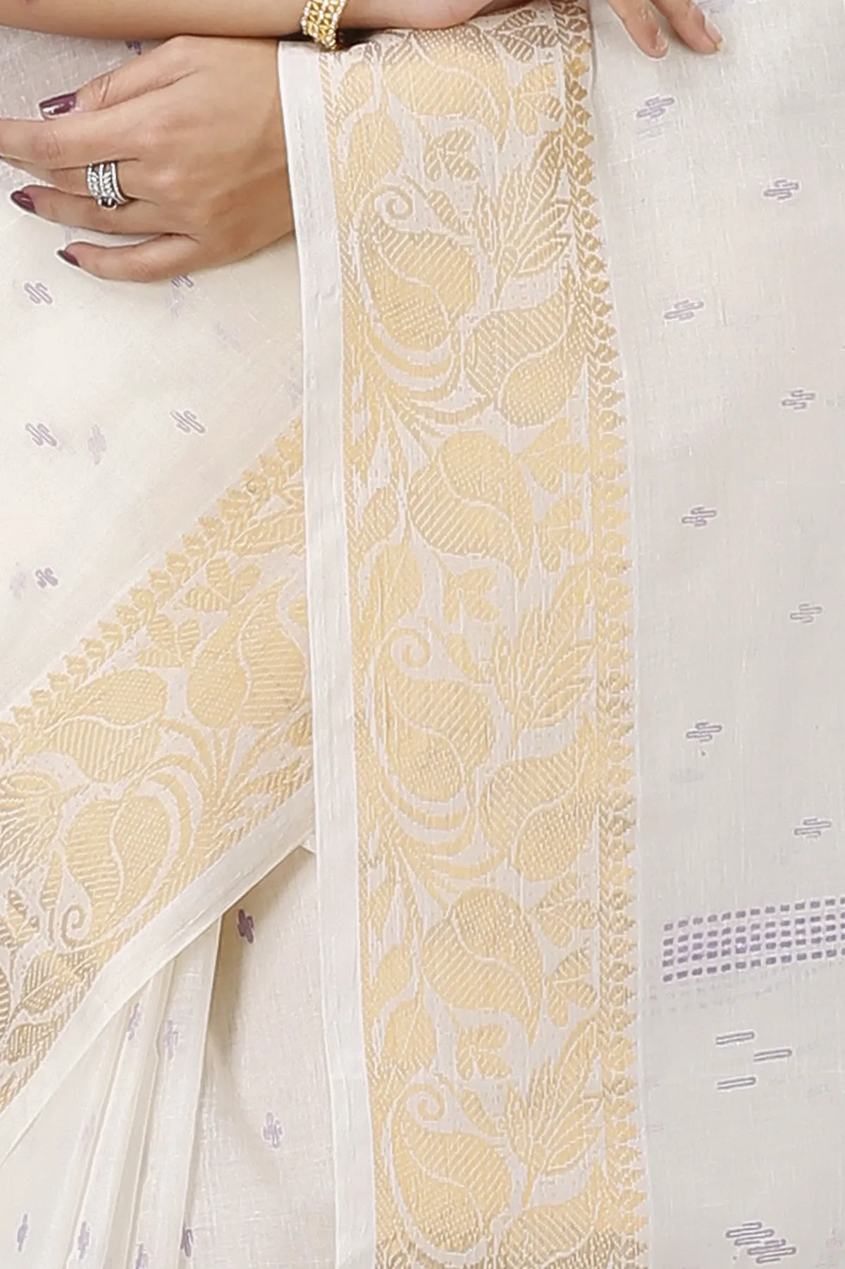 DipDiya Pure Cotton White Purpel Levi Classic Bengali Printed Tant Sarees