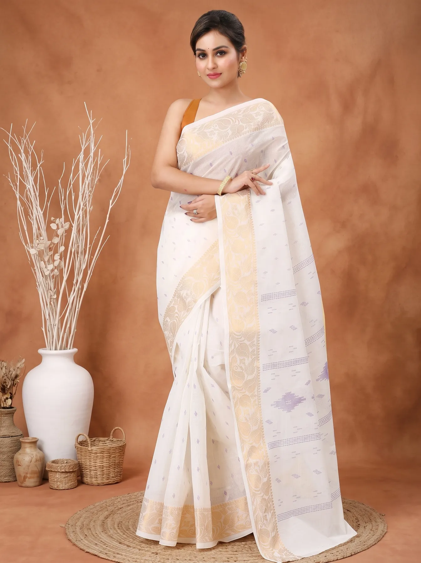 DipDiya Pure Cotton White Purpel Levi Classic Bengali Printed Tant Sarees