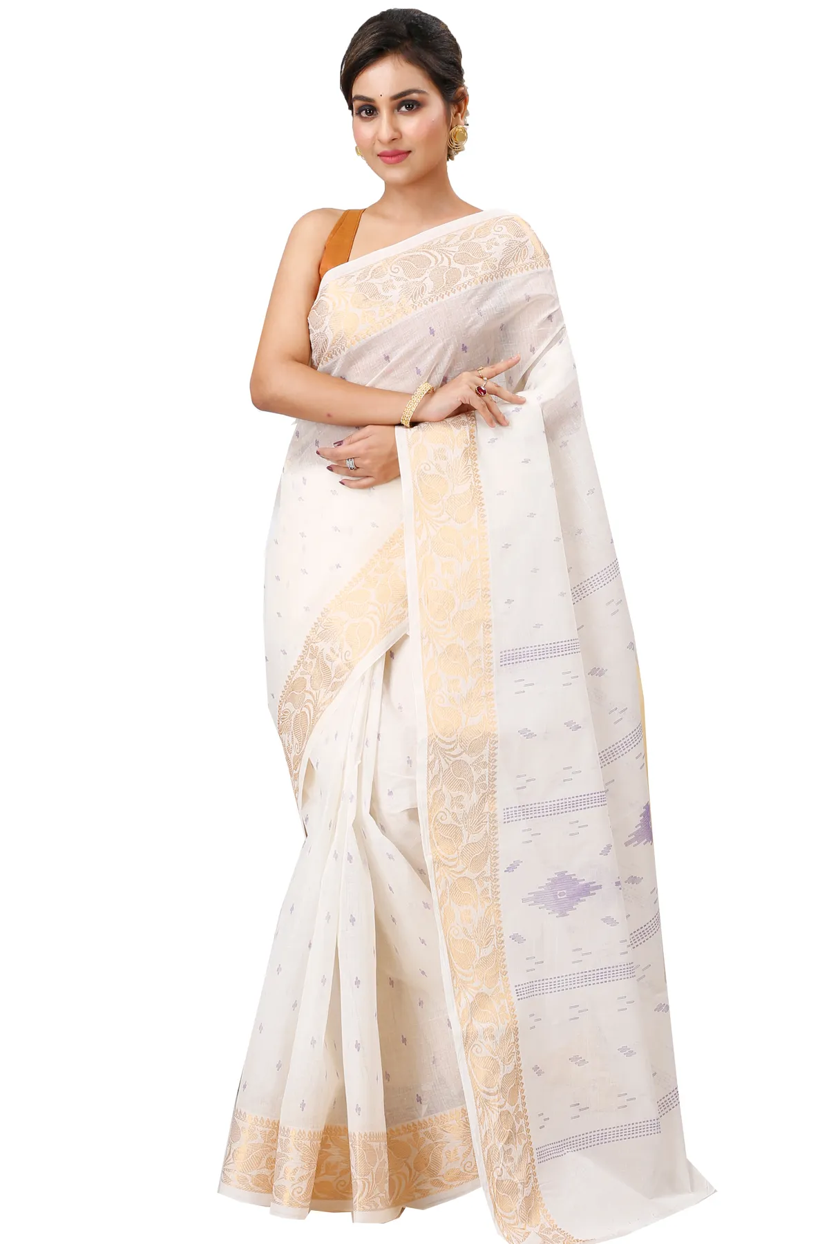 DipDiya Pure Cotton White Purpel Levi Classic Bengali Printed Tant Sarees