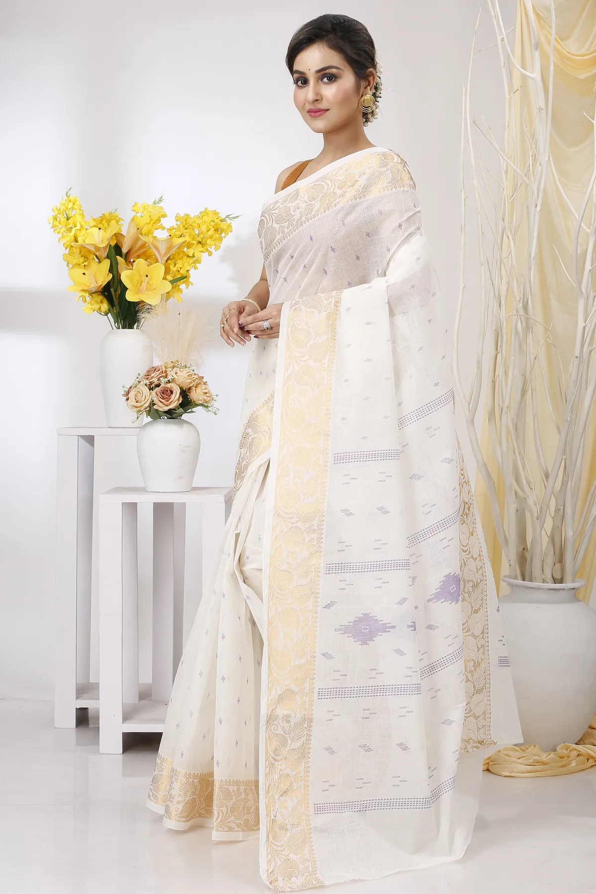 DipDiya Pure Cotton White Purpel Levi Classic Bengali Printed Tant Sarees