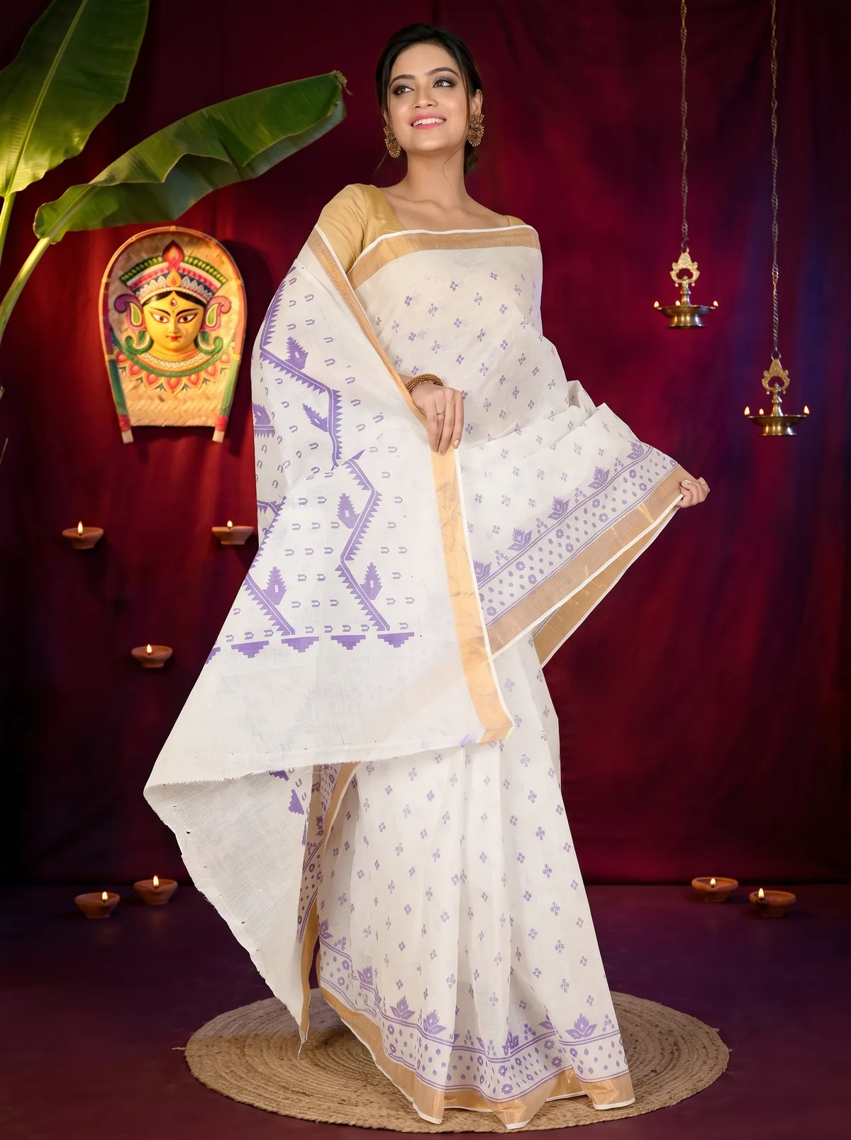 DipDiya Pure Cotton White Purple Ekta Print Crafted by Artisans Printed Tant Sarees