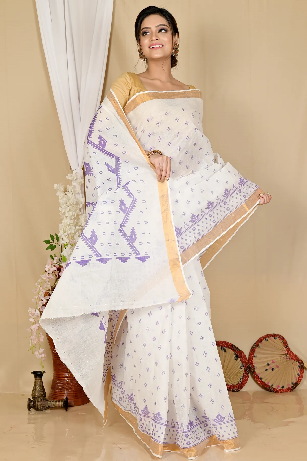 DipDiya Pure Cotton White Purple Ekta Print Crafted by Artisans Printed Tant Sarees