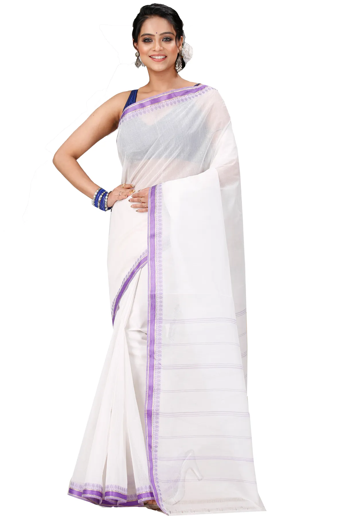 DipDiya Pure Cotton White Purple Subra Timeless Elegance Tant Sarees