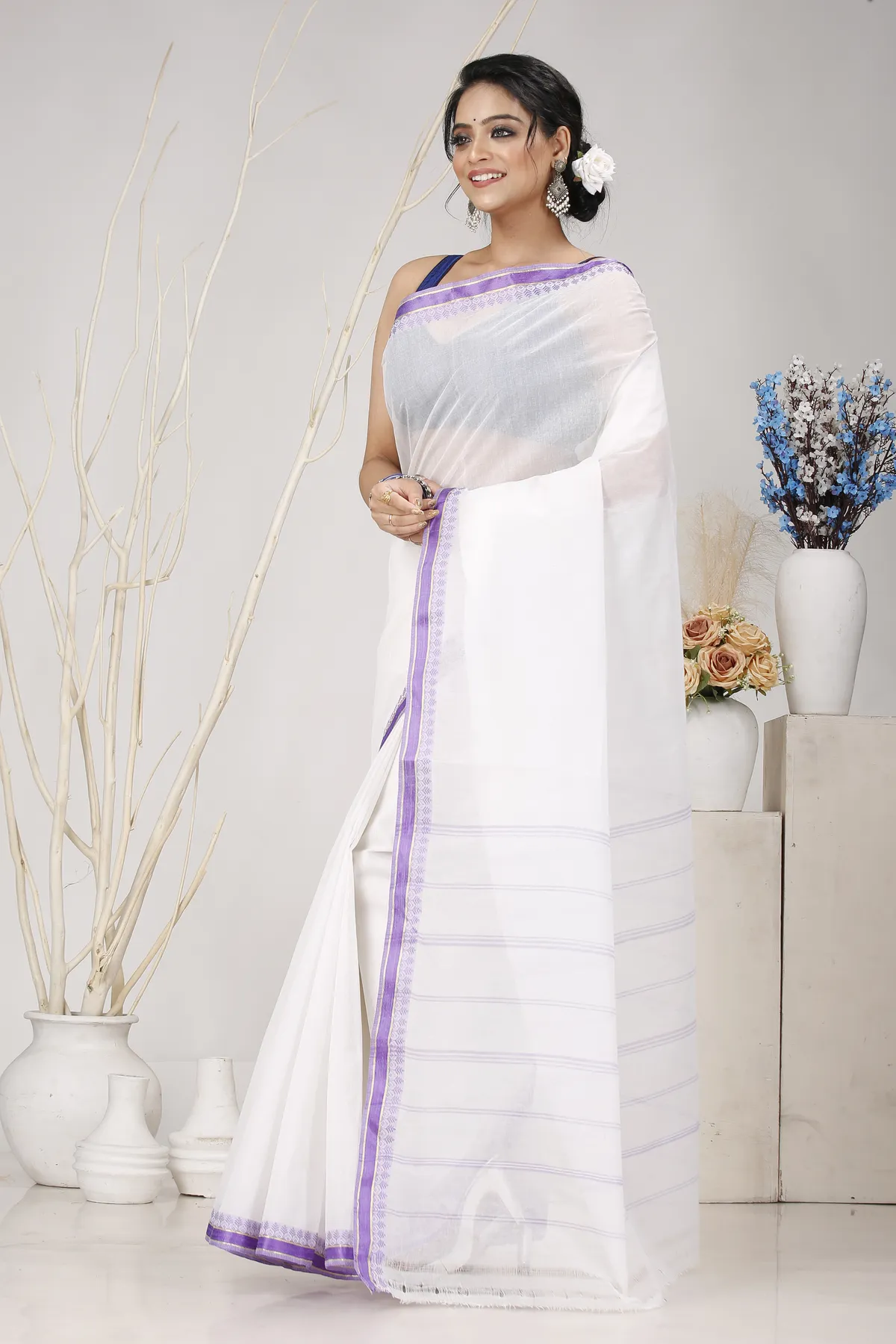 DipDiya Pure Cotton White Purple Subra Timeless Elegance Tant Sarees