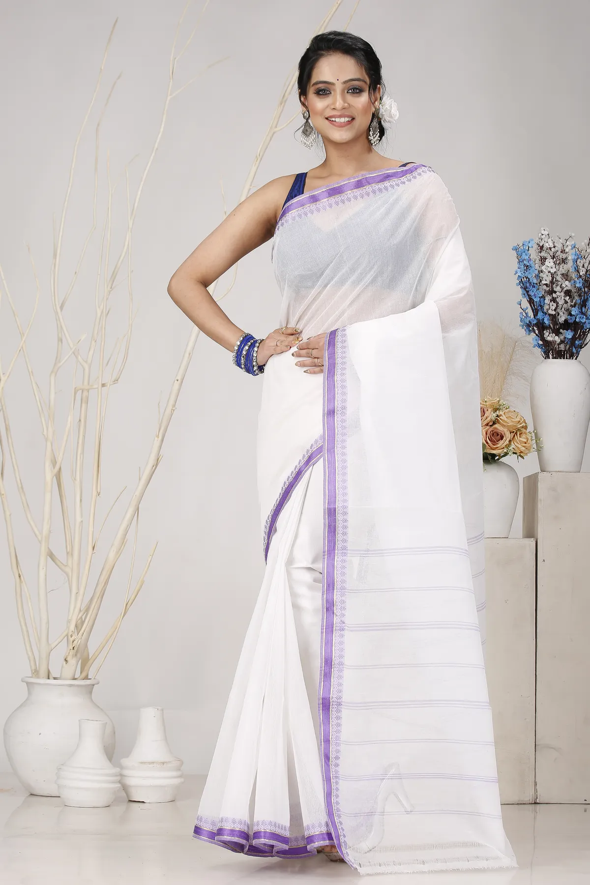 DipDiya Pure Cotton White Purple Subra Timeless Elegance Tant Sarees