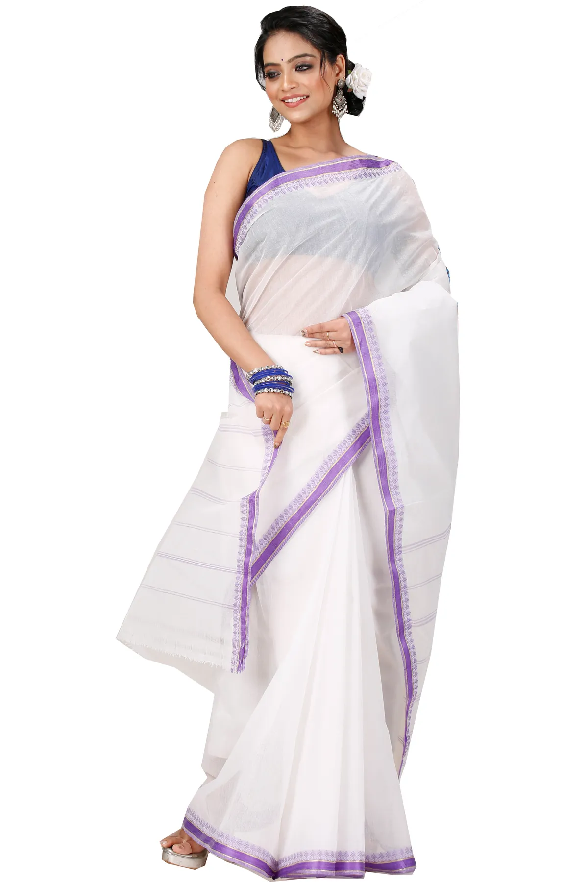 DipDiya Pure Cotton White Purple Subra Timeless Elegance Tant Sarees