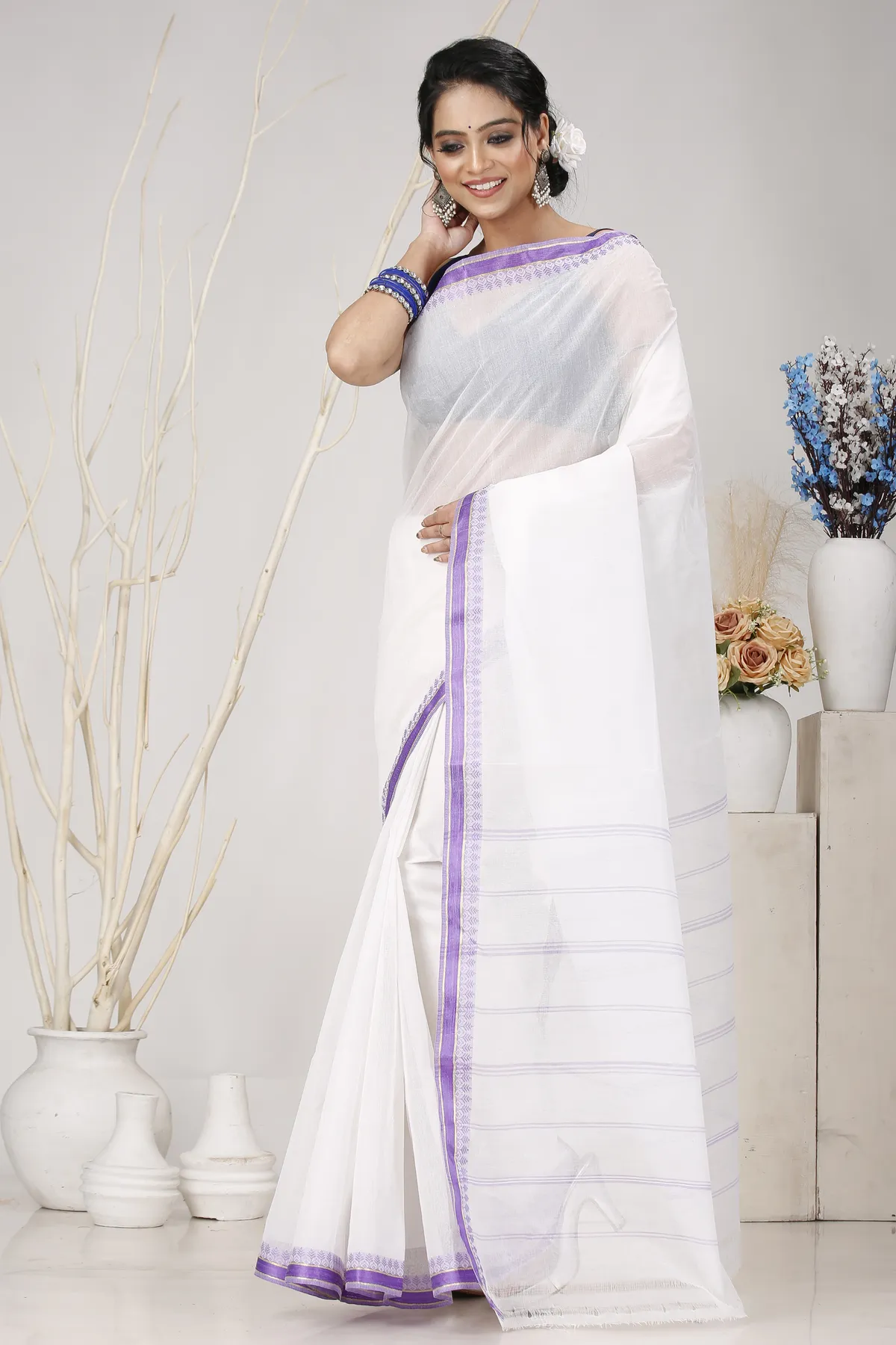 DipDiya Pure Cotton White Purple Subra Timeless Elegance Tant Sarees