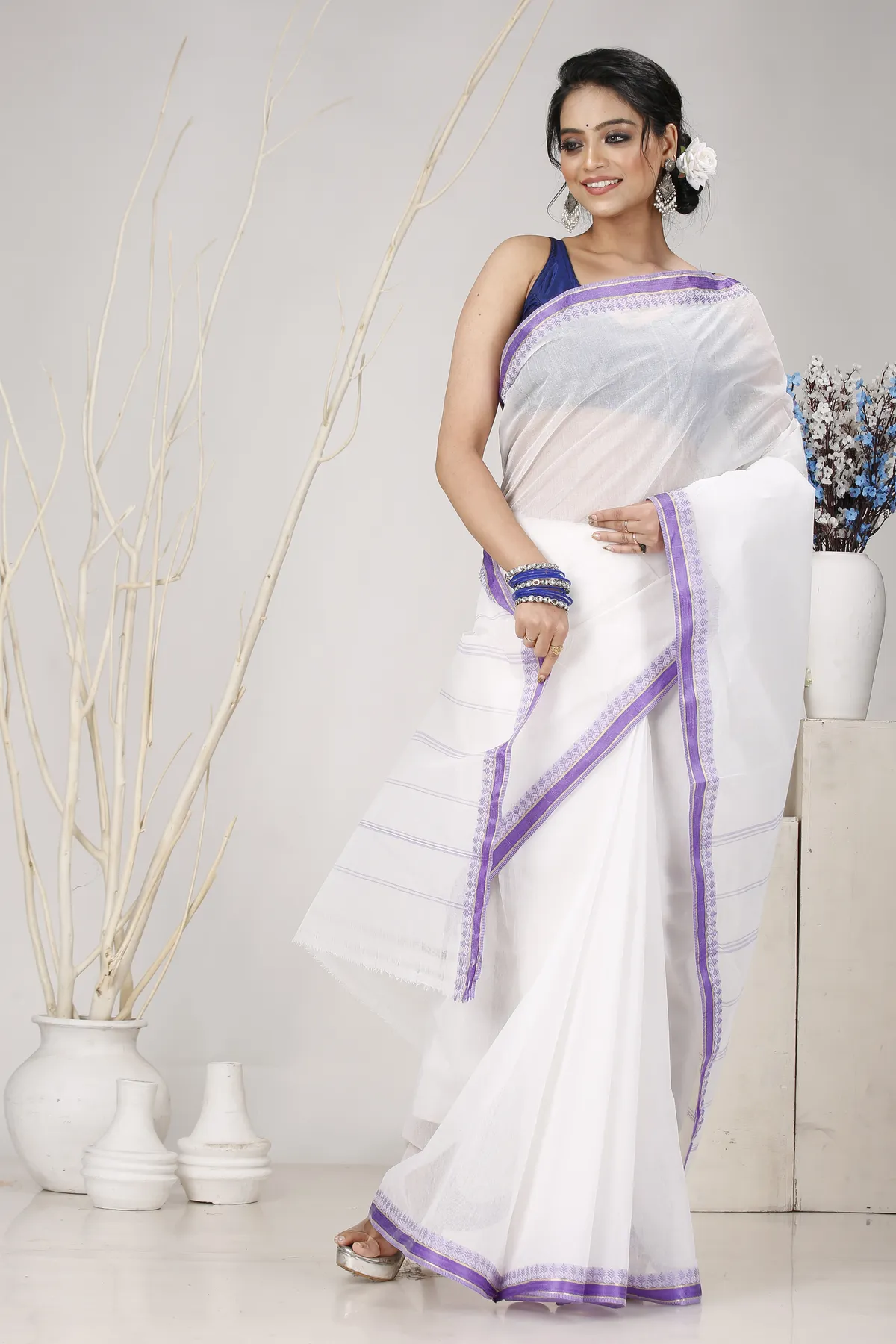 DipDiya Pure Cotton White Purple Subra Timeless Elegance Tant Sarees