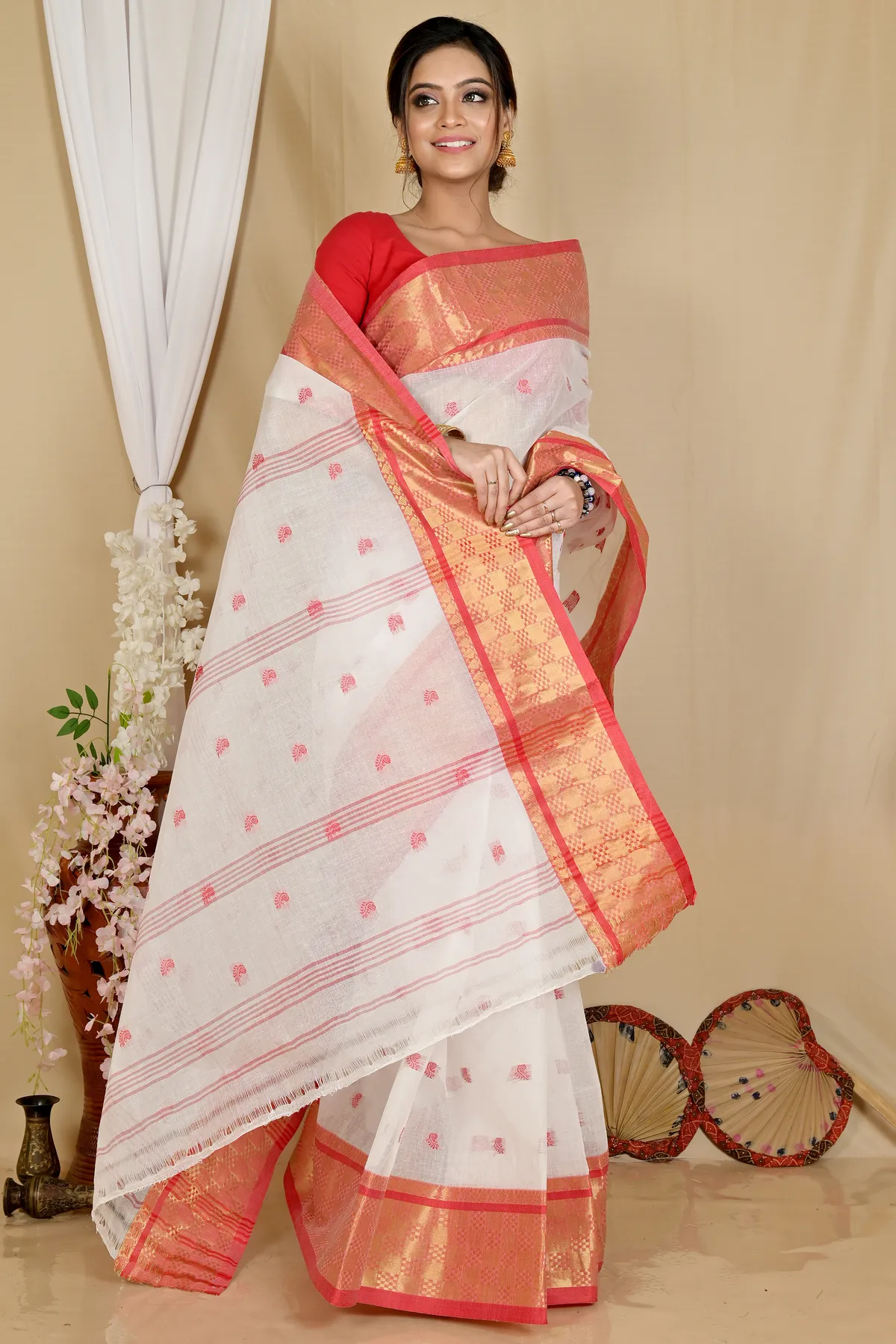DipDiya Pure Cotton White Red Atula Handcrafted Elegance Tant Sarees