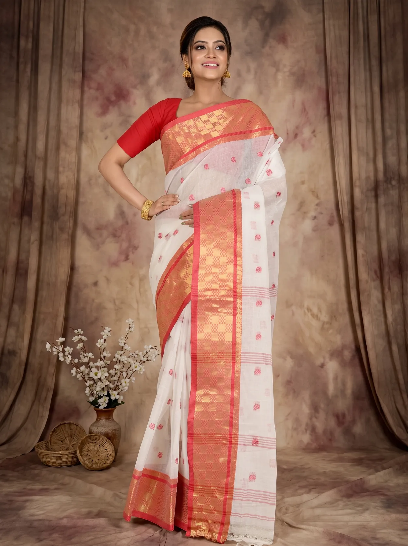 DipDiya Pure Cotton White Red Atula Handcrafted Elegance Tant Sarees