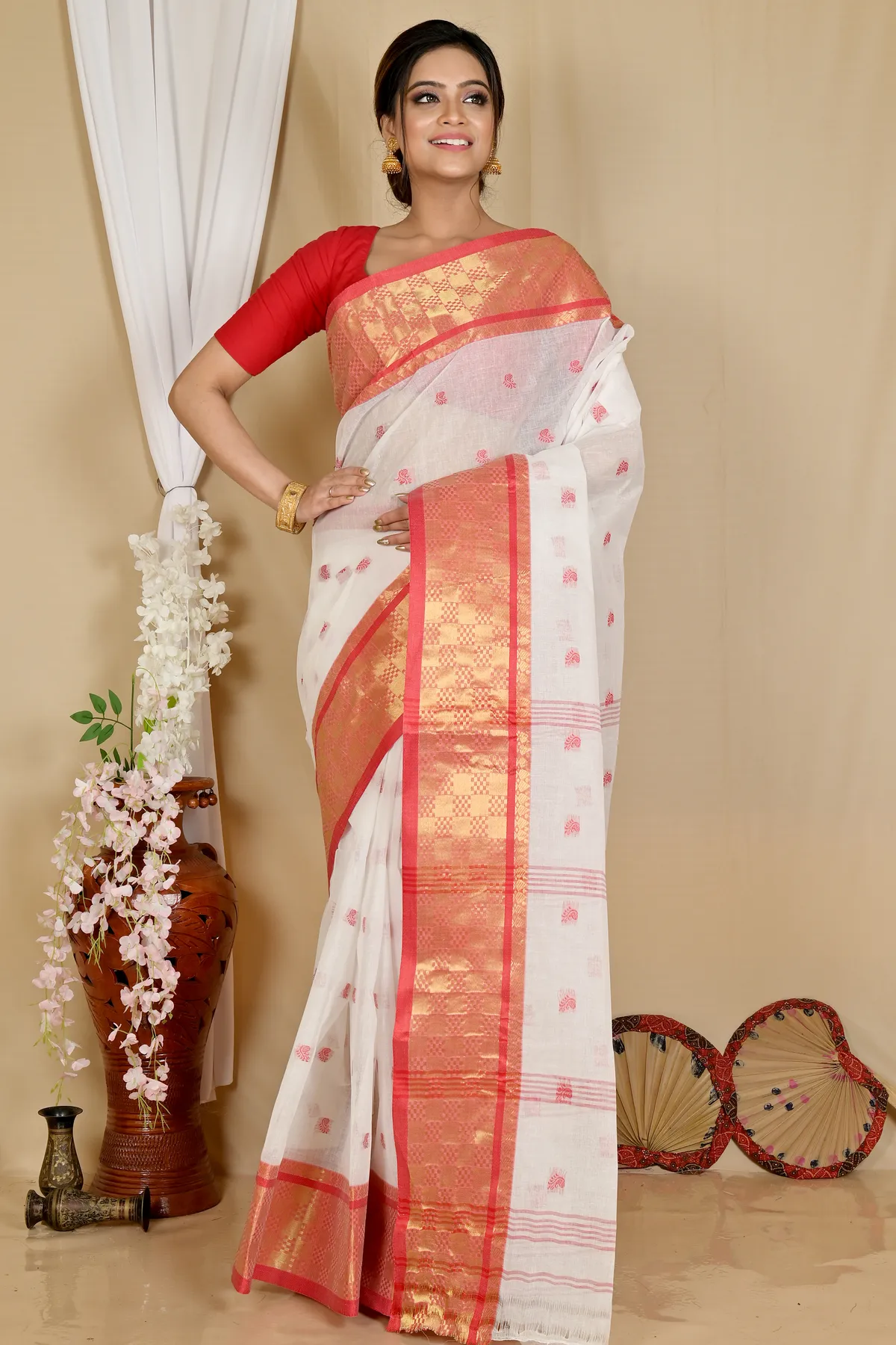 DipDiya Pure Cotton White Red Atula Handcrafted Elegance Tant Sarees