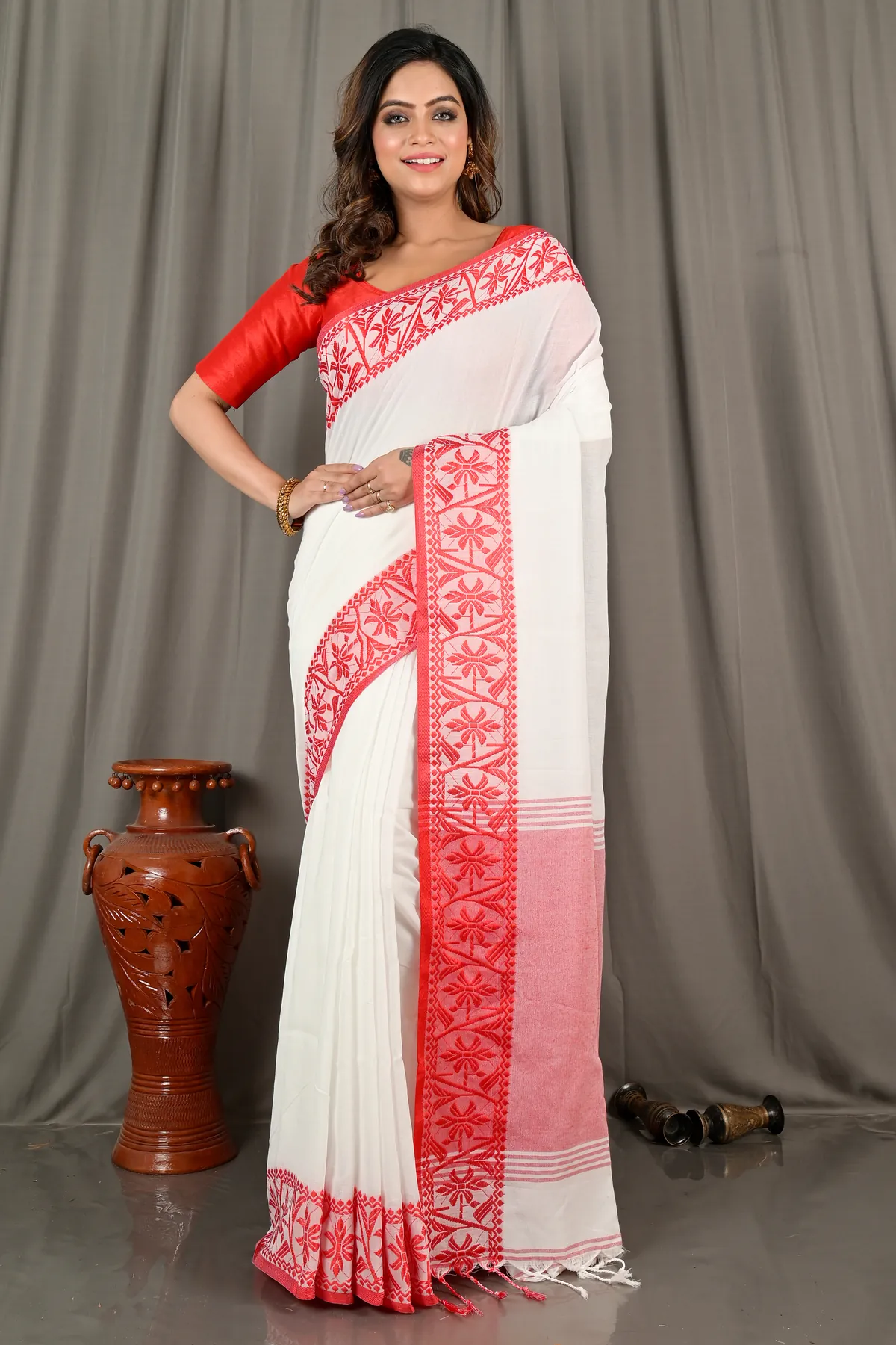 DipDiya Pure Cotton White Red Borma Bengal’s Tradition Handloom Sarees