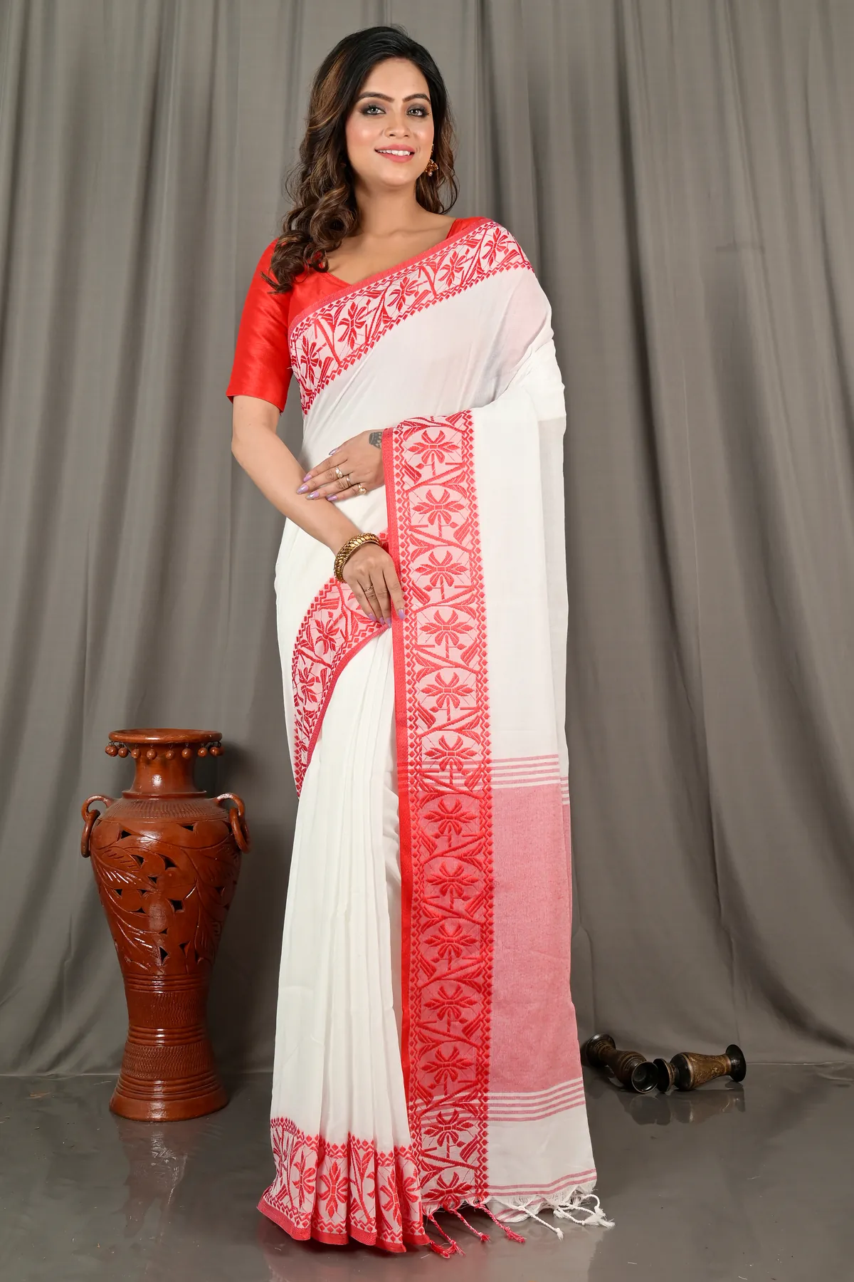 DipDiya Pure Cotton White Red Borma Bengal’s Tradition Handloom Sarees