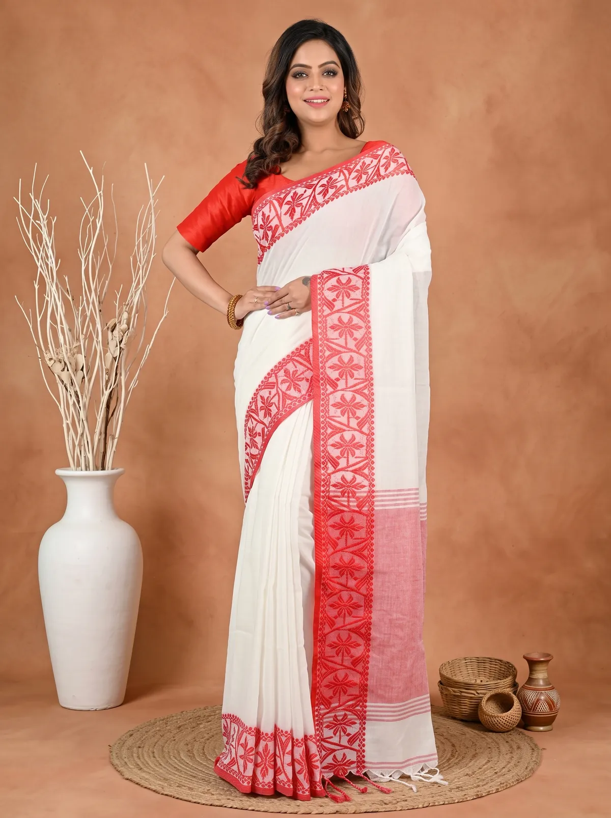 DipDiya Pure Cotton White Red Borma Bengal’s Tradition Handloom Sarees