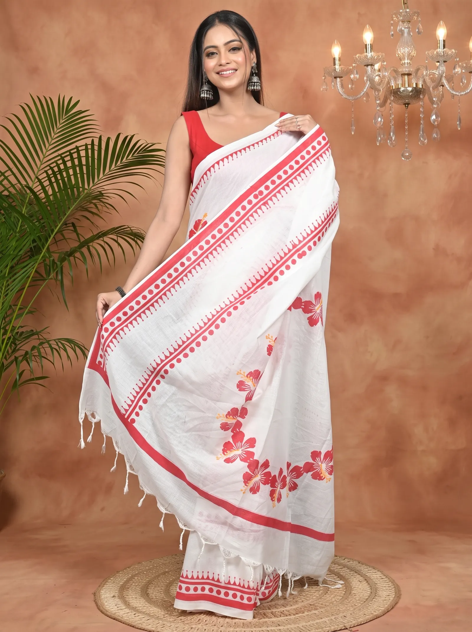 DipDiya Pure Cotton White Red Borma Crafted by Artisans Handloom Sarees