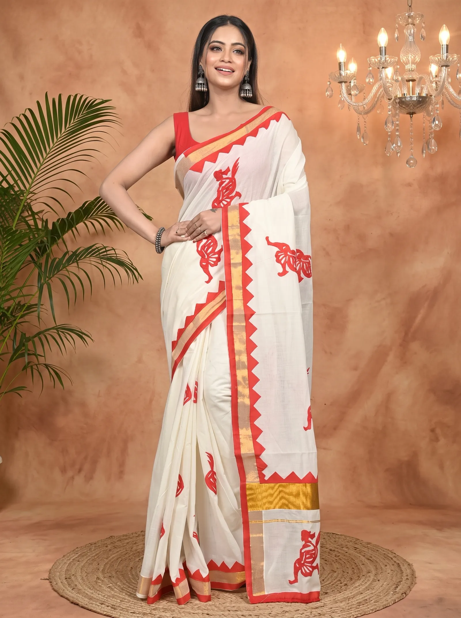 DipDiya Pure Cotton White Red Borma Crafted in Bengal Handloom Sarees