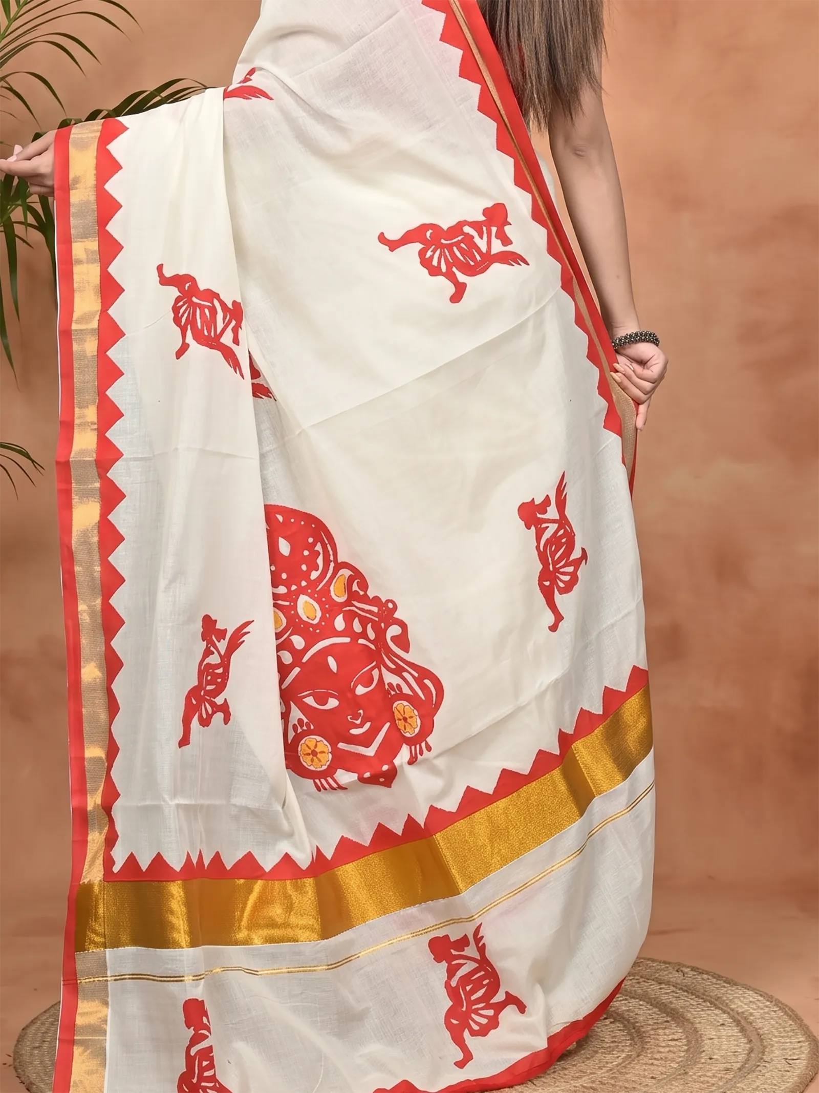 DipDiya Pure Cotton White Red Borma Crafted in Bengal Handloom Sarees