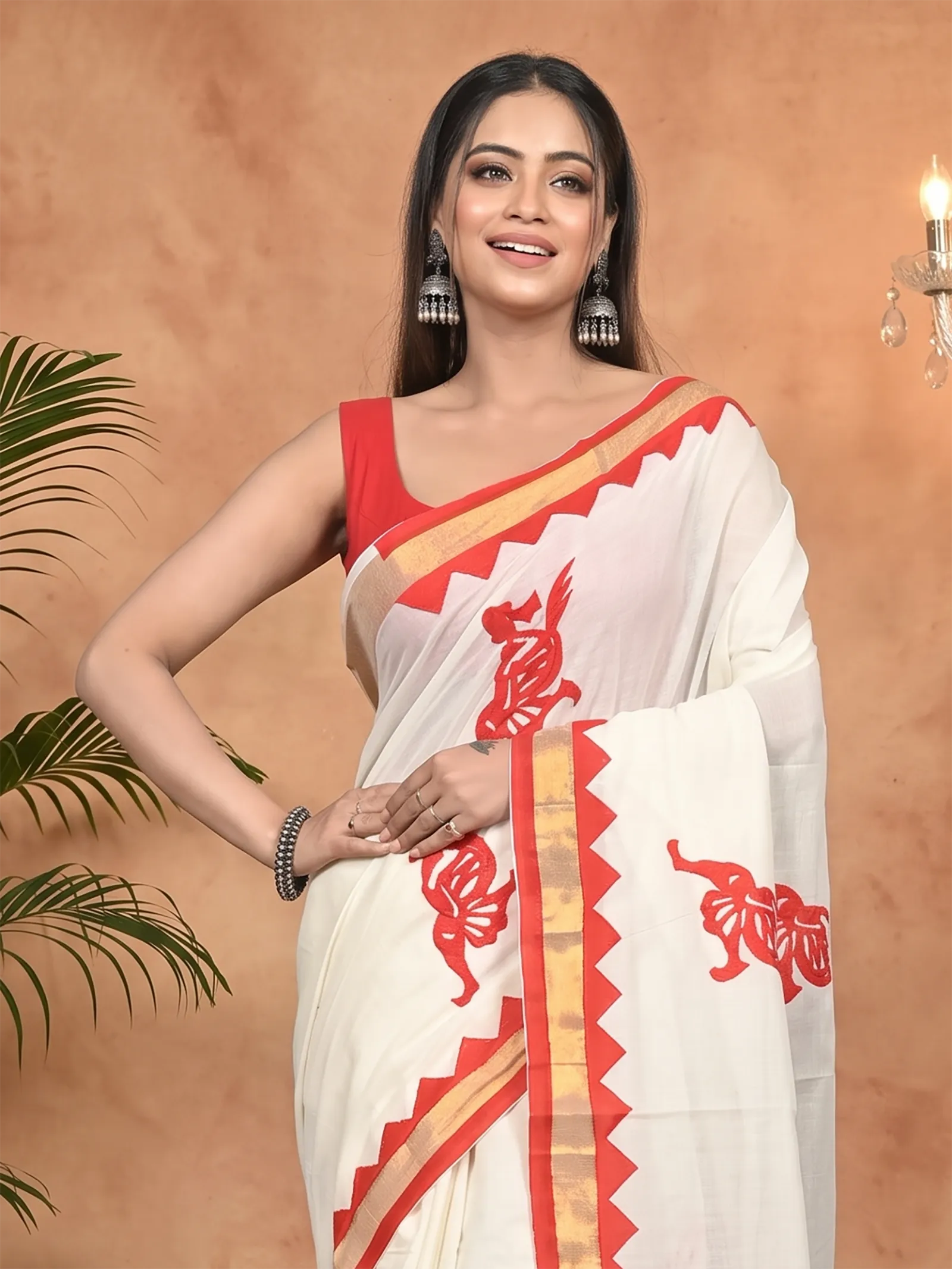DipDiya Pure Cotton White Red Borma Crafted in Bengal Handloom Sarees