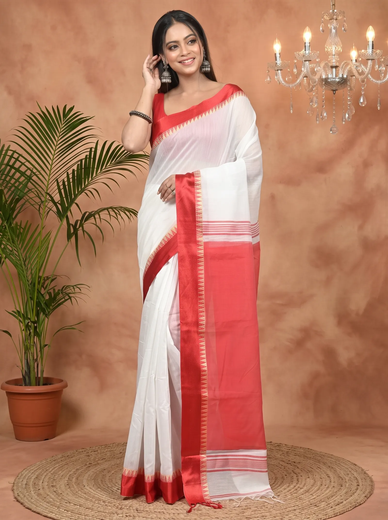 DipDiya Pure Cotton White Red Borma Crafted with Soul Handloom Sarees