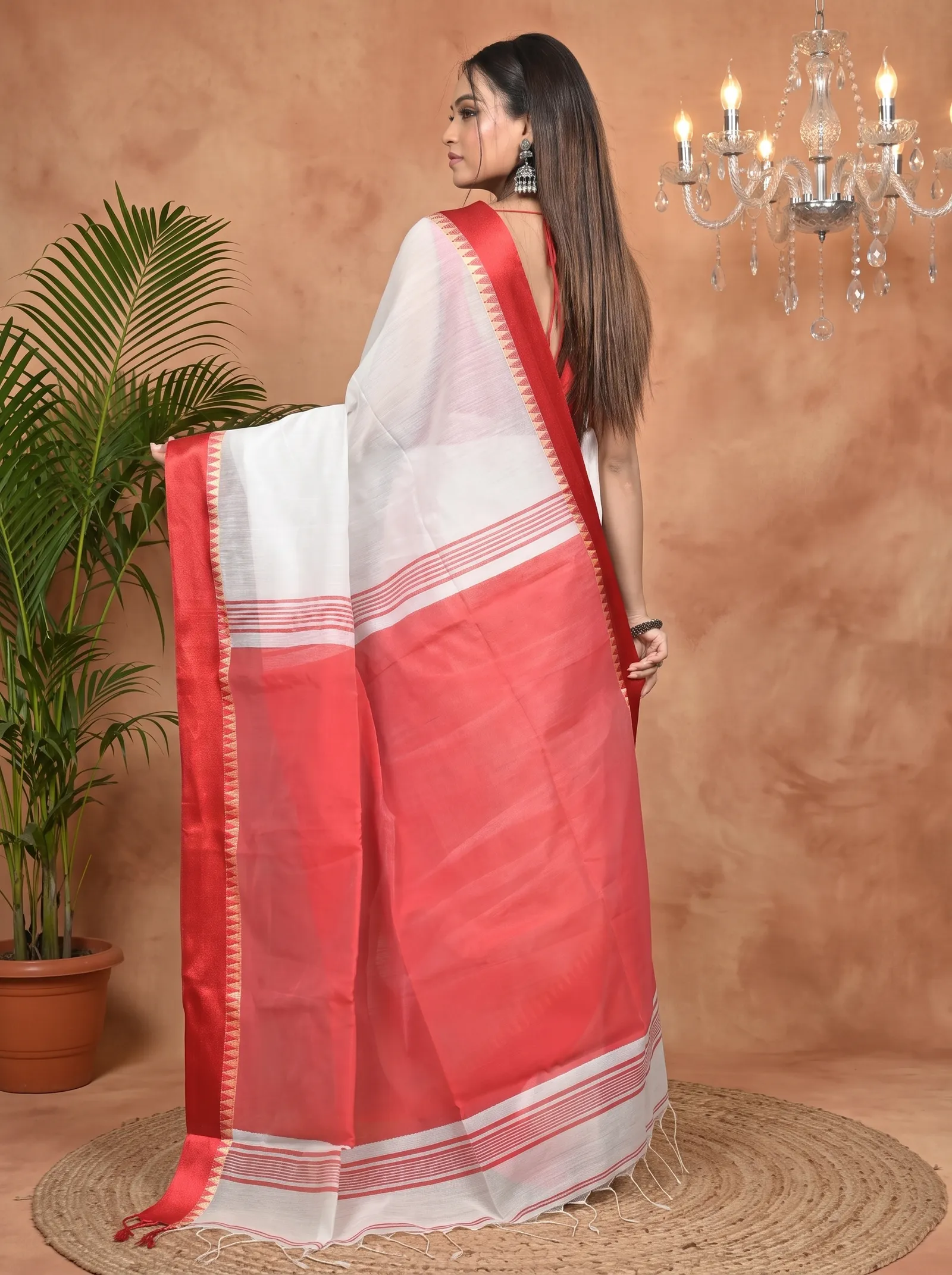 DipDiya Pure Cotton White Red Borma Crafted with Soul Handloom Sarees