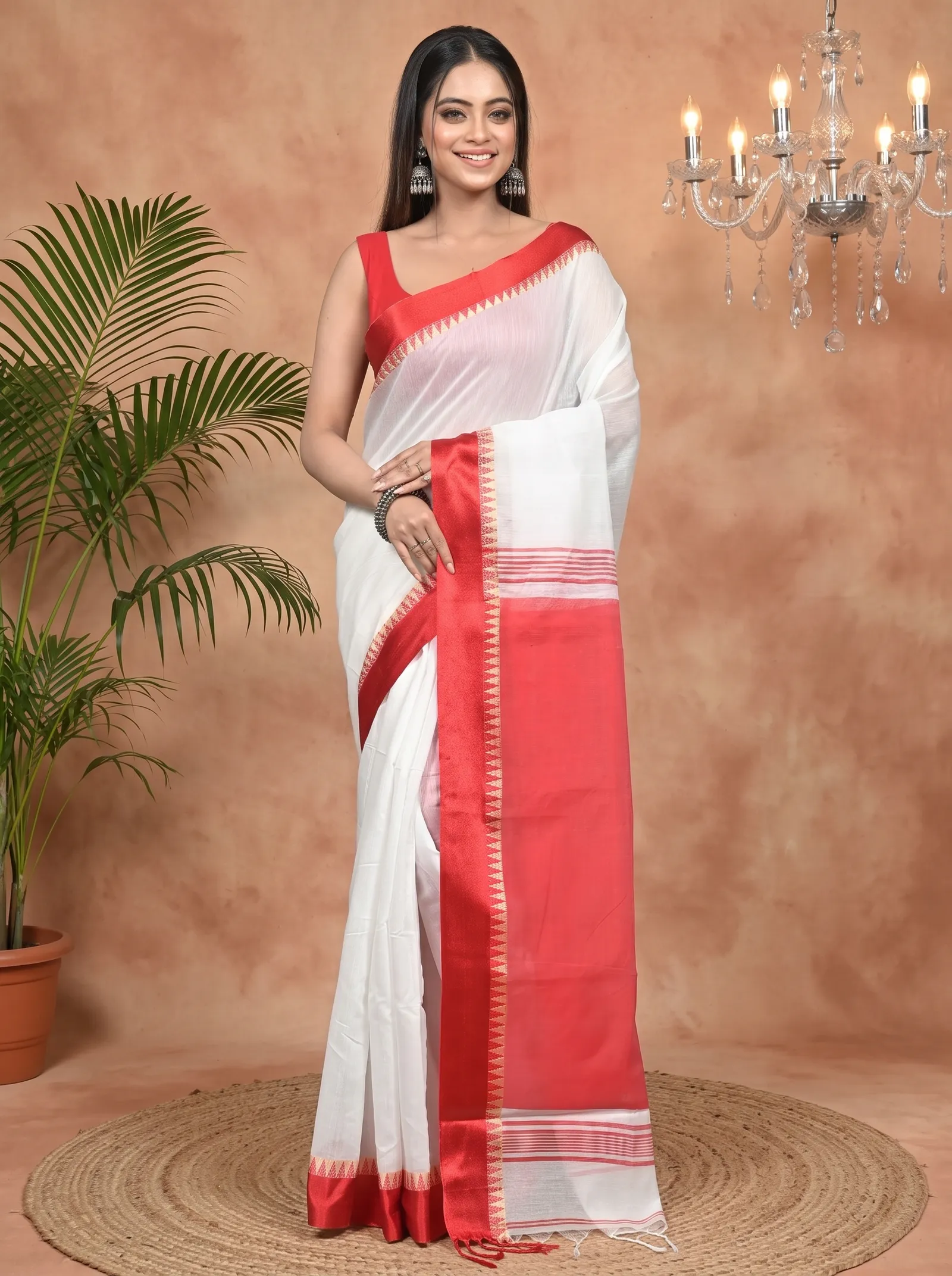 DipDiya Pure Cotton White Red Borma Crafted with Soul Handloom Sarees