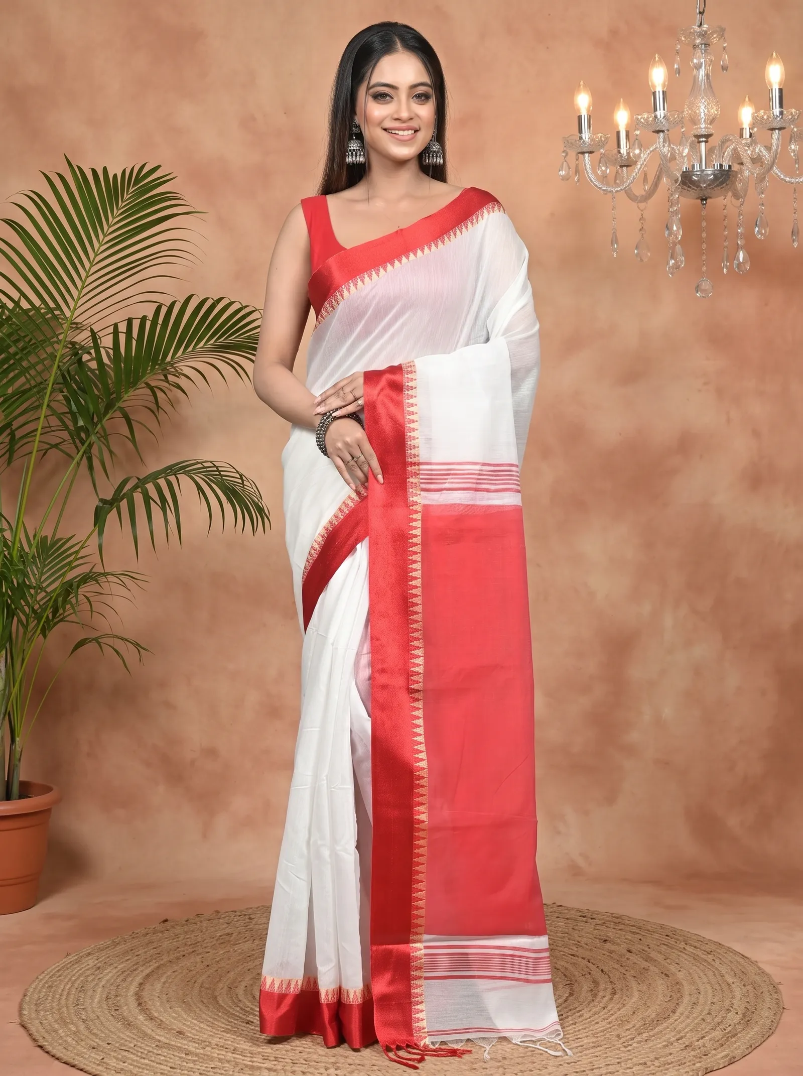 DipDiya Pure Cotton White Red Borma Crafted with Soul Handloom Sarees