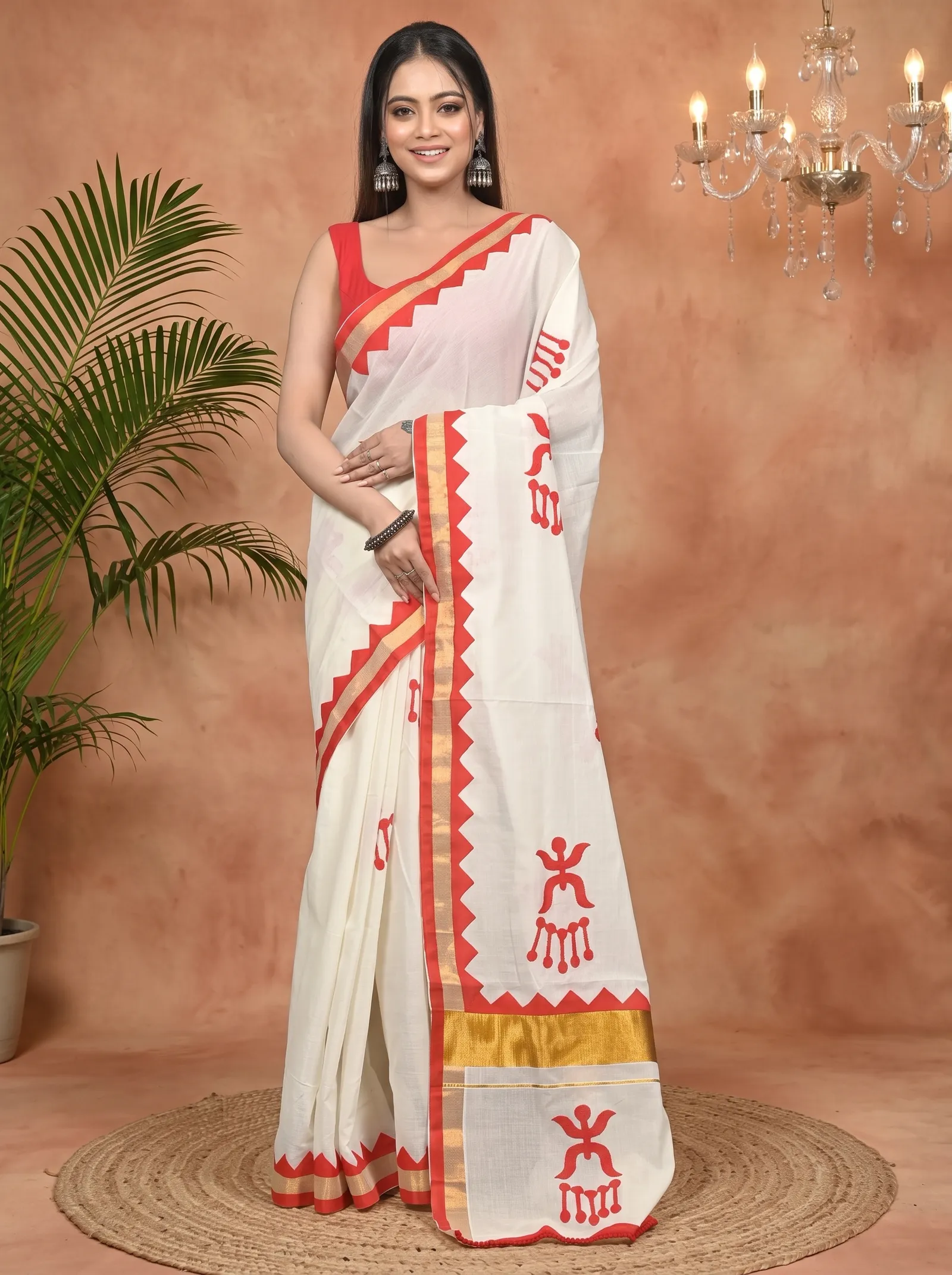 DipDiya Pure Cotton White Red Borma Effortless Tradition Handloom Sarees