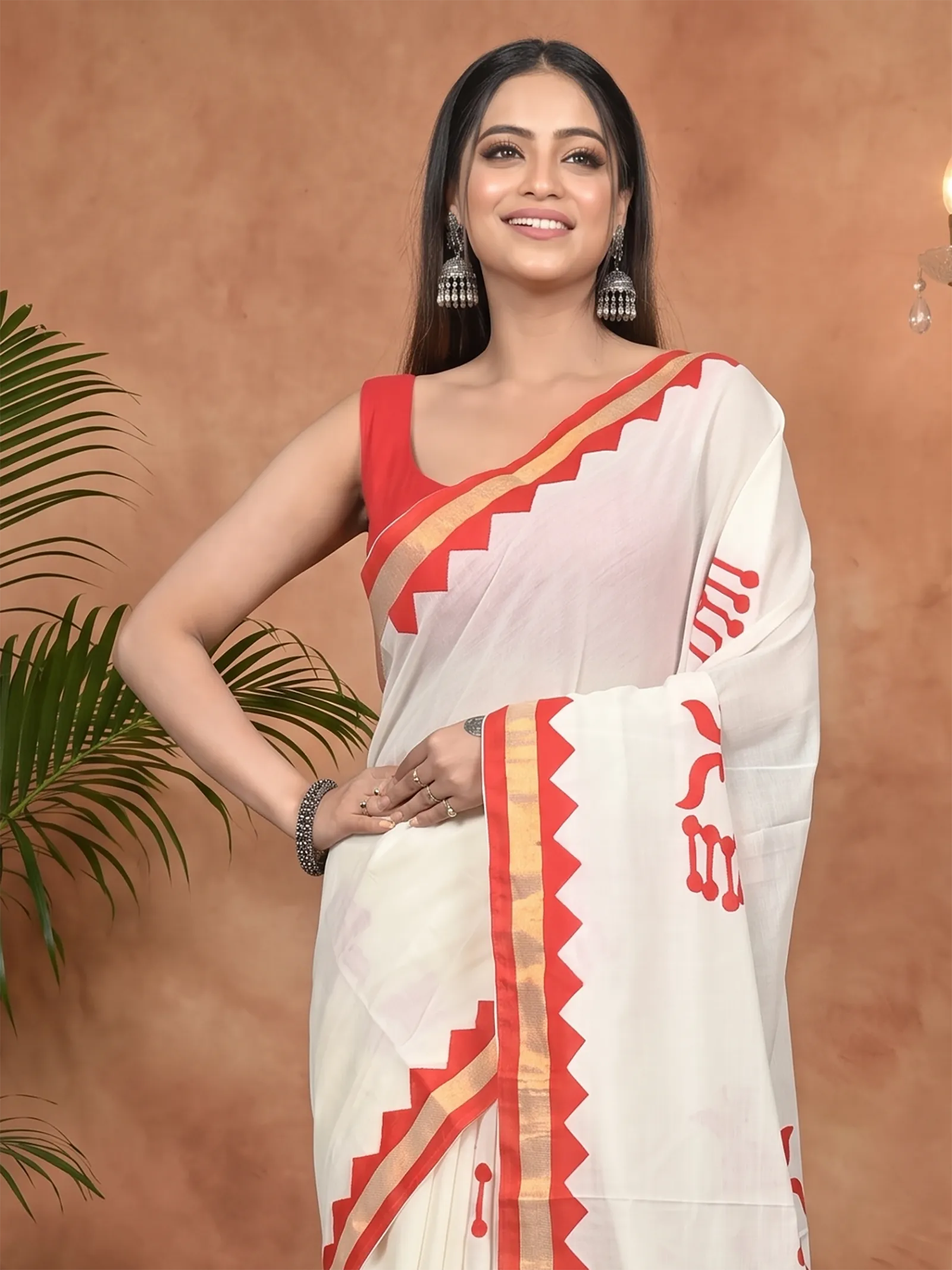 DipDiya Pure Cotton White Red Borma Effortless Tradition Handloom Sarees