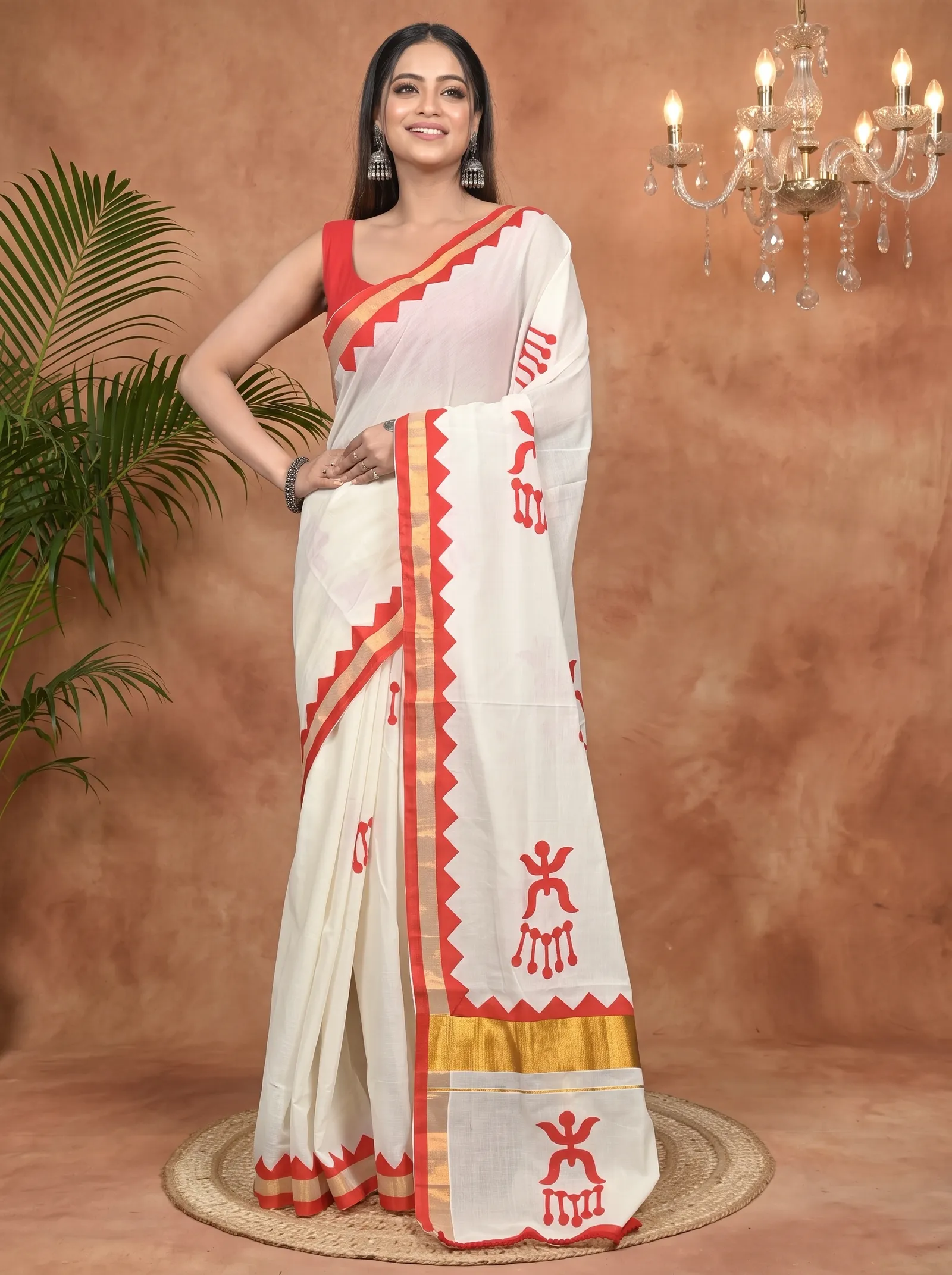 DipDiya Pure Cotton White Red Borma Effortless Tradition Handloom Sarees