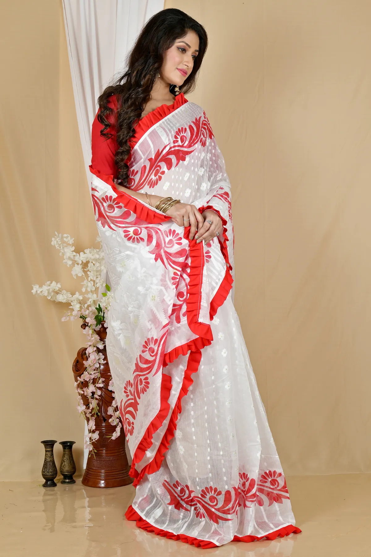 DipDiya Pure Cotton White Red Borma Wrapped in Heritage Handloom Sarees