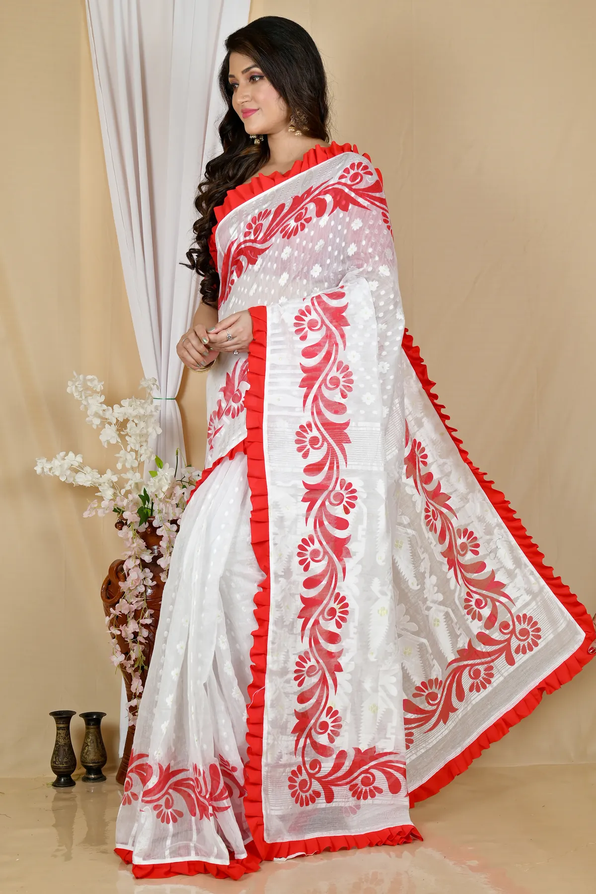 DipDiya Pure Cotton White Red Borma Wrapped in Heritage Handloom Sarees