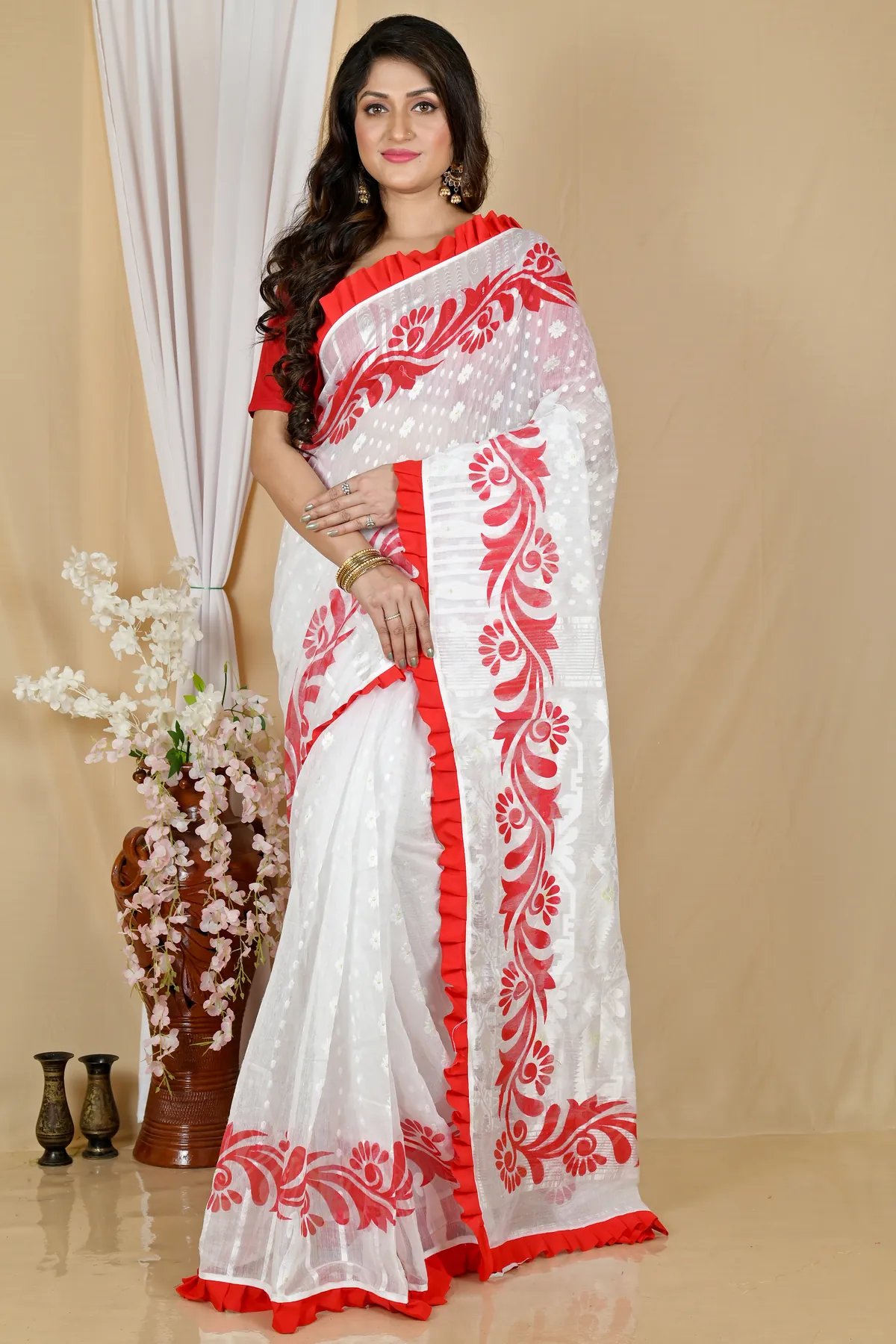 DipDiya Pure Cotton White Red Borma Wrapped in Heritage Handloom Sarees