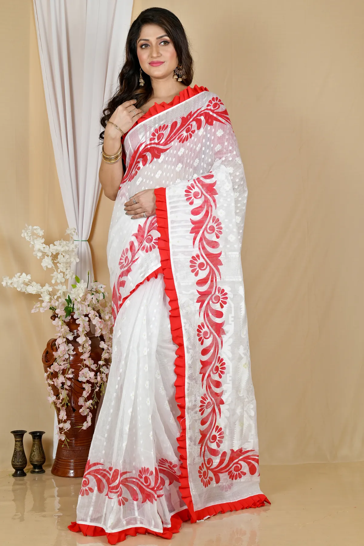 DipDiya Pure Cotton White Red Borma Wrapped in Heritage Handloom Sarees