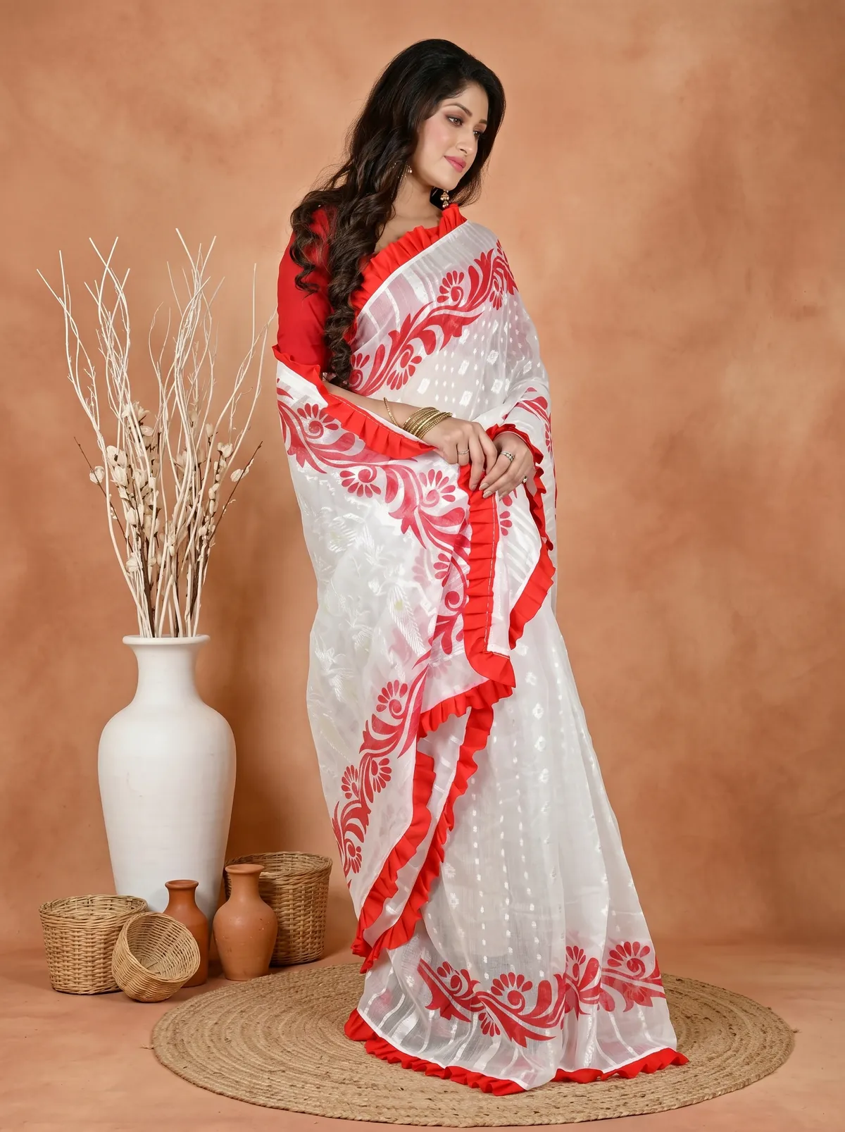 DipDiya Pure Cotton White Red Borma Wrapped in Heritage Handloom Sarees