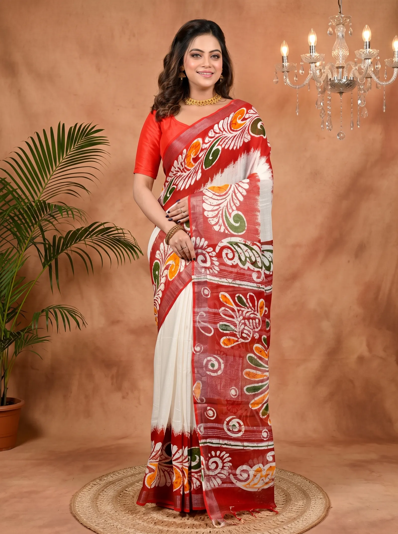 DipDiya Pure Cotton White Red Dinesi Handcrafted Elegance Batik Print Sarees