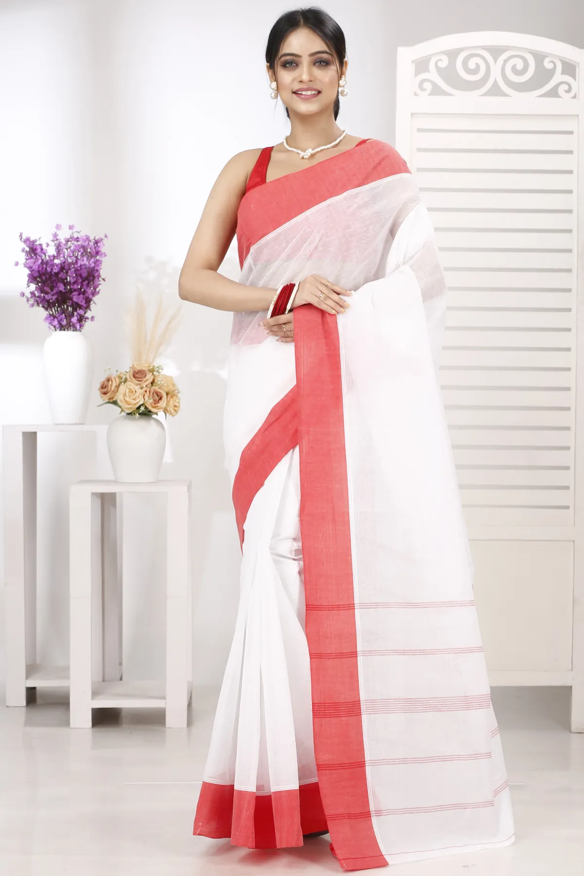 DipDiya Pure Cotton White Red Elu Than Bengal’s Legacy Tant Sarees