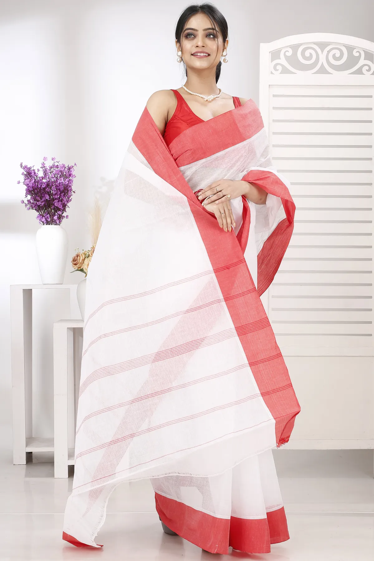 DipDiya Pure Cotton White Red Elu Than Bengal’s Legacy Tant Sarees