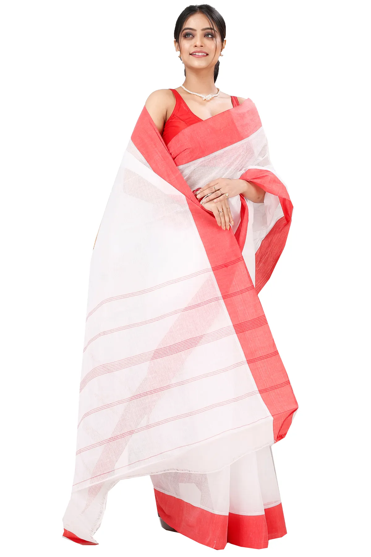 DipDiya Pure Cotton White Red Elu Than Bengal’s Legacy Tant Sarees
