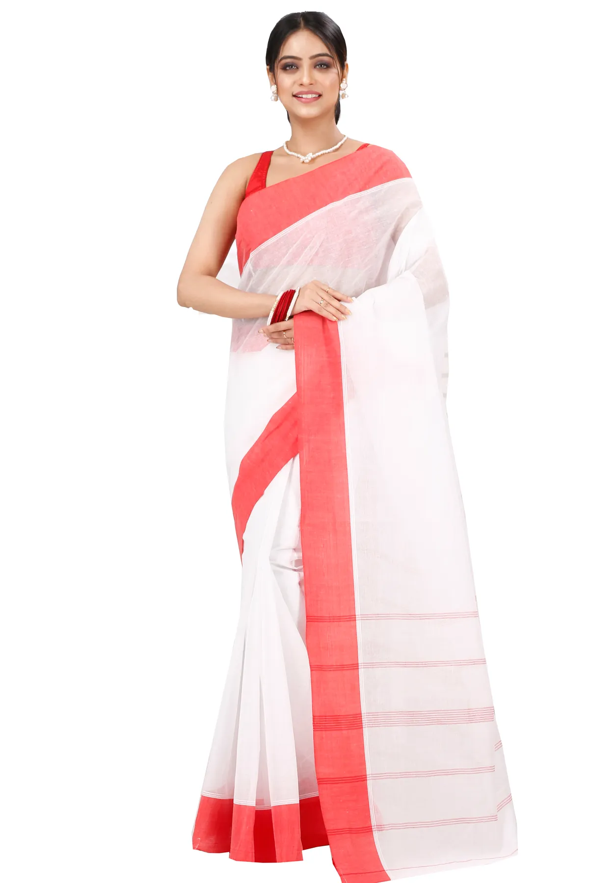 DipDiya Pure Cotton White Red Elu Than Bengal’s Legacy Tant Sarees