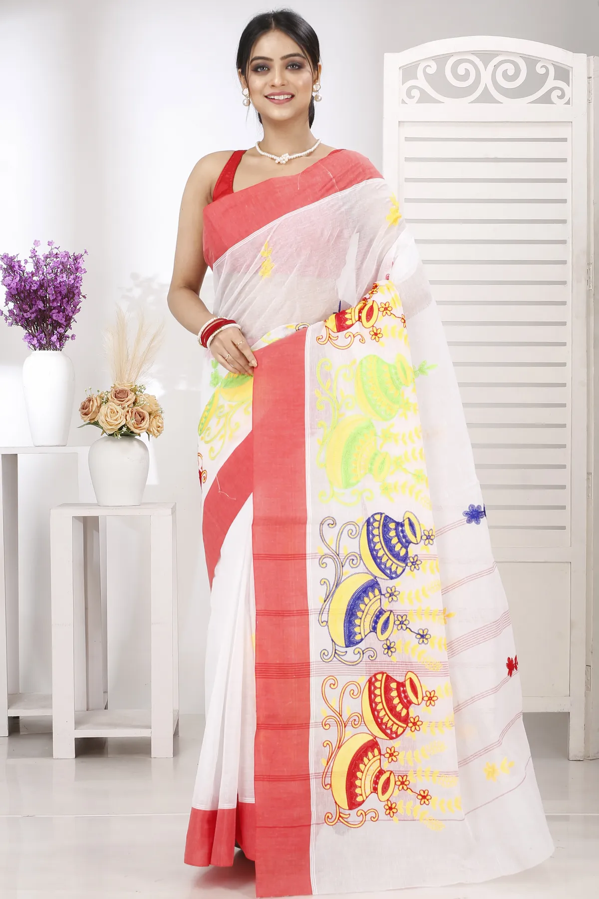 DipDiya Pure Cotton White Red Embi Elu Ghot Artisan Woven Embroidery Tant Sarees
