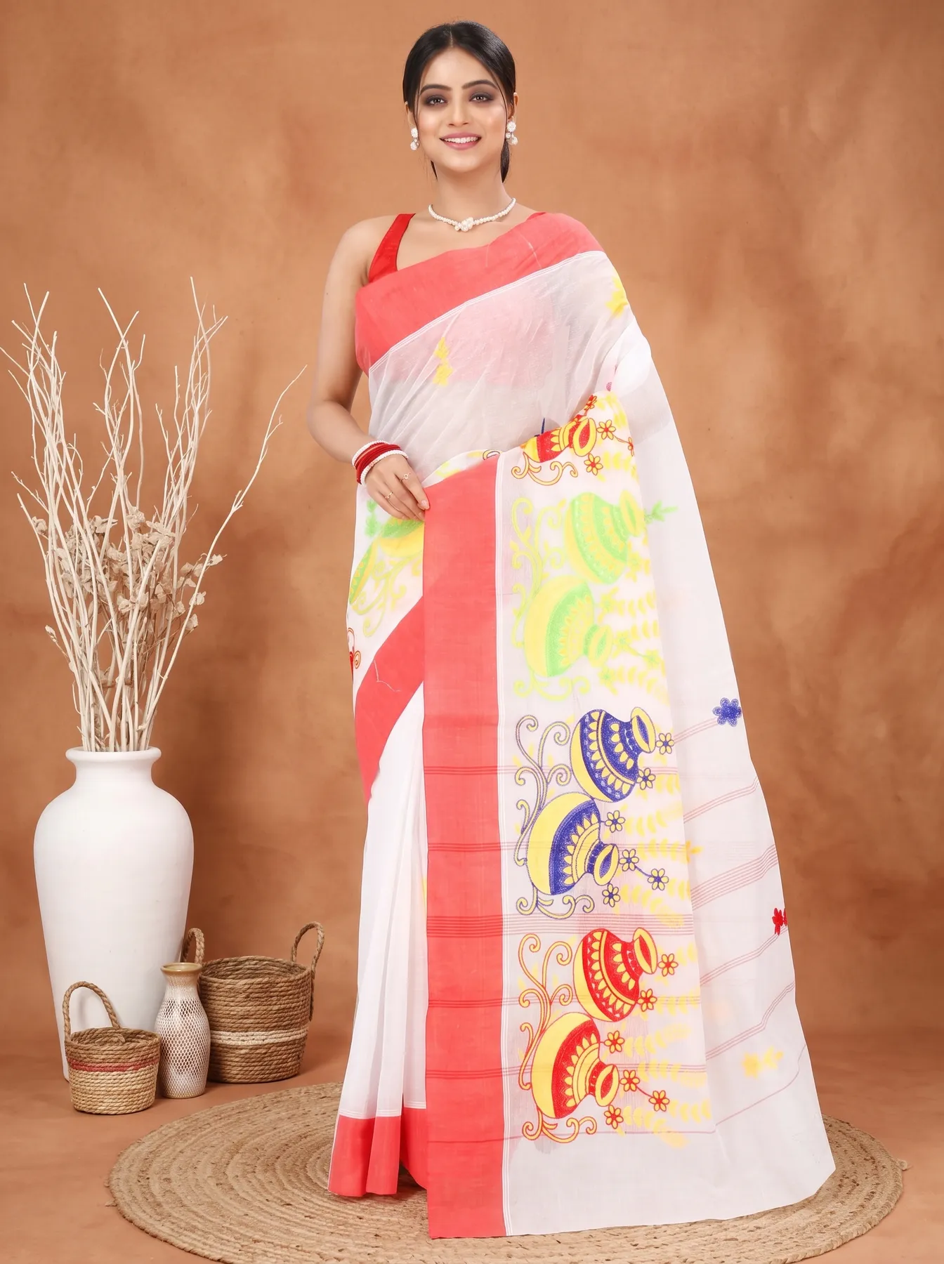 DipDiya Pure Cotton White Red Embi Elu Ghot Artisan Woven Embroidery Tant Sarees